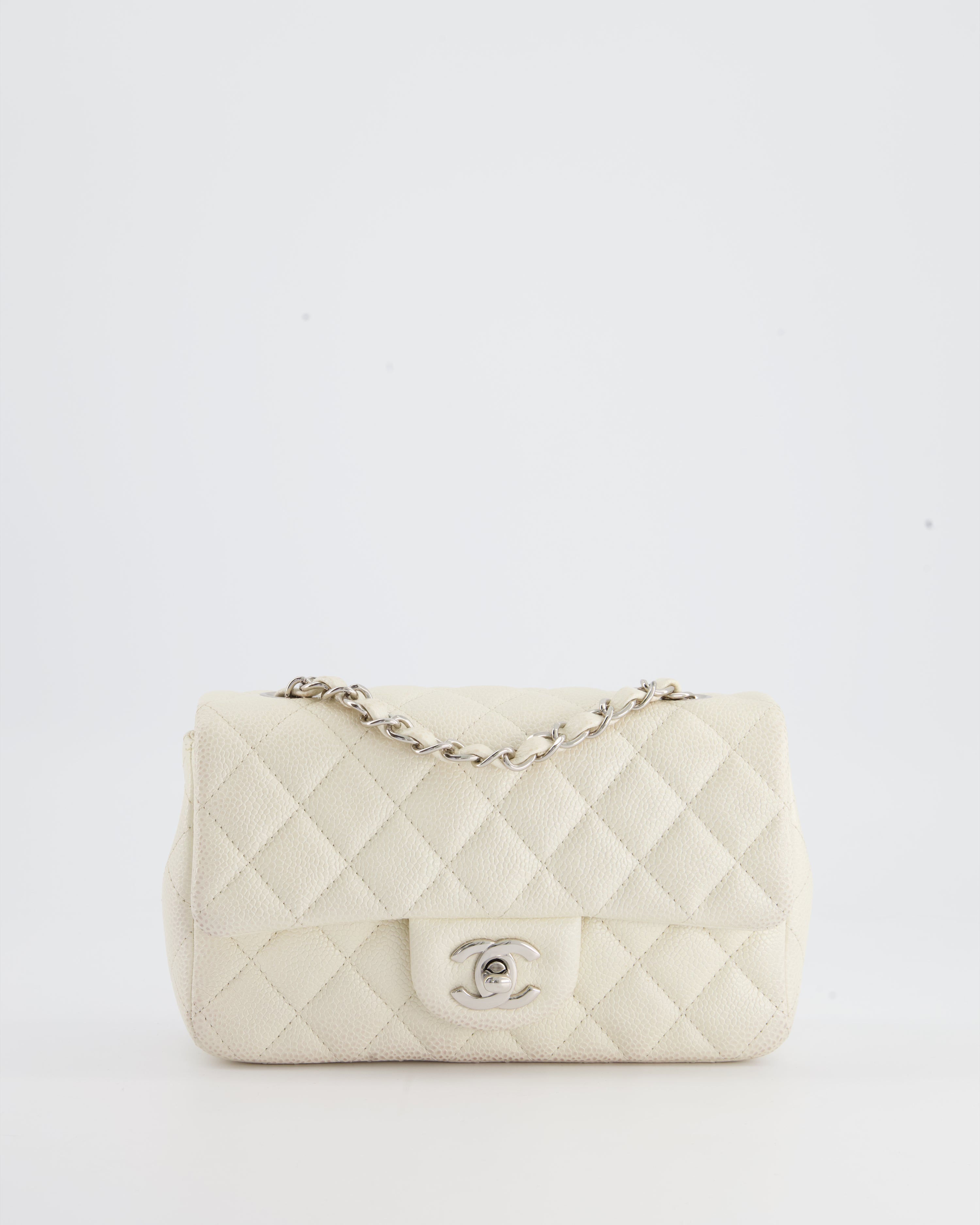 Chanel White Pearlescent Caviar Mini Rectangular Single Flap Bag with Silver Hardware