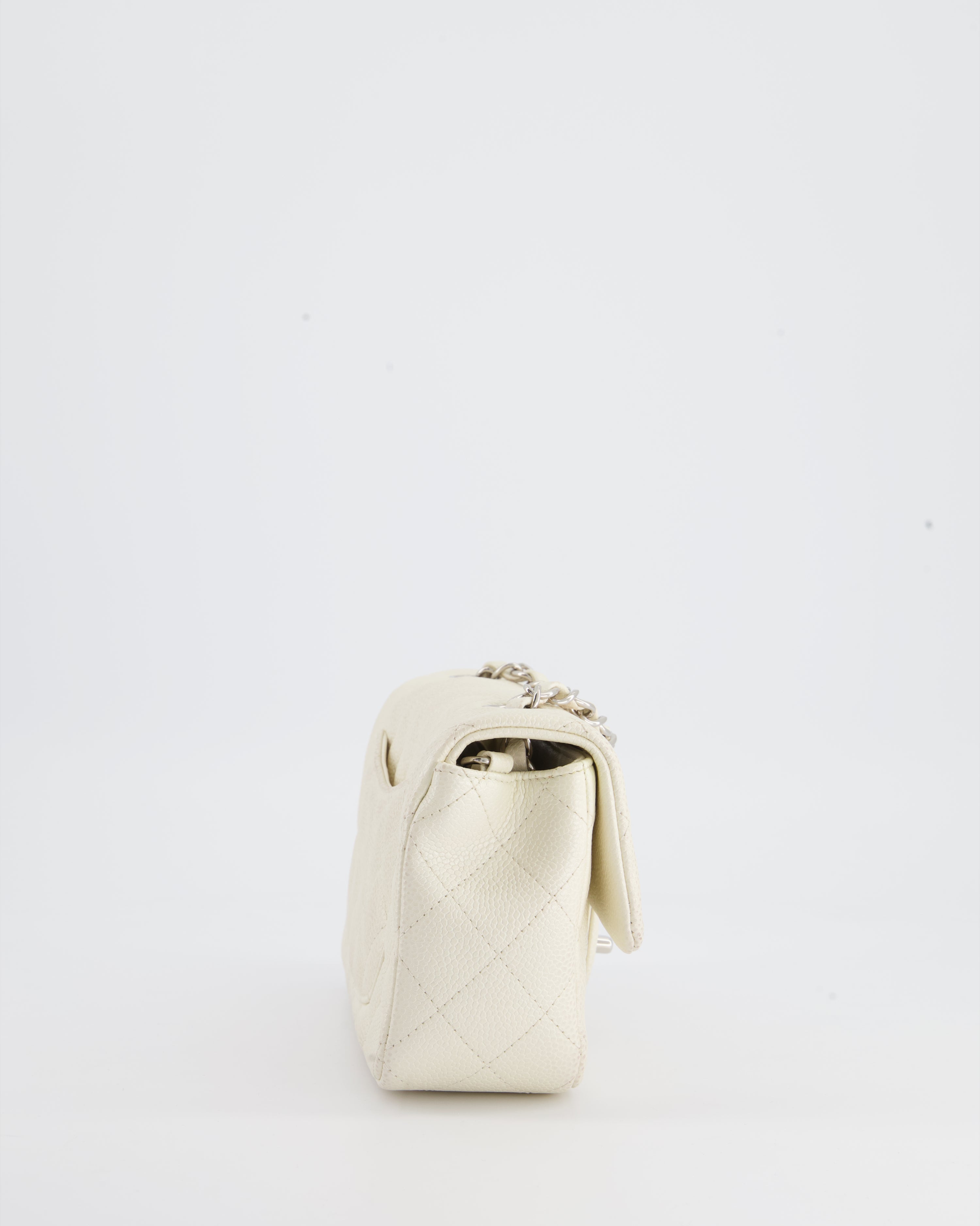 Chanel White Pearlescent Caviar Mini Rectangular Single Flap Bag with Silver Hardware