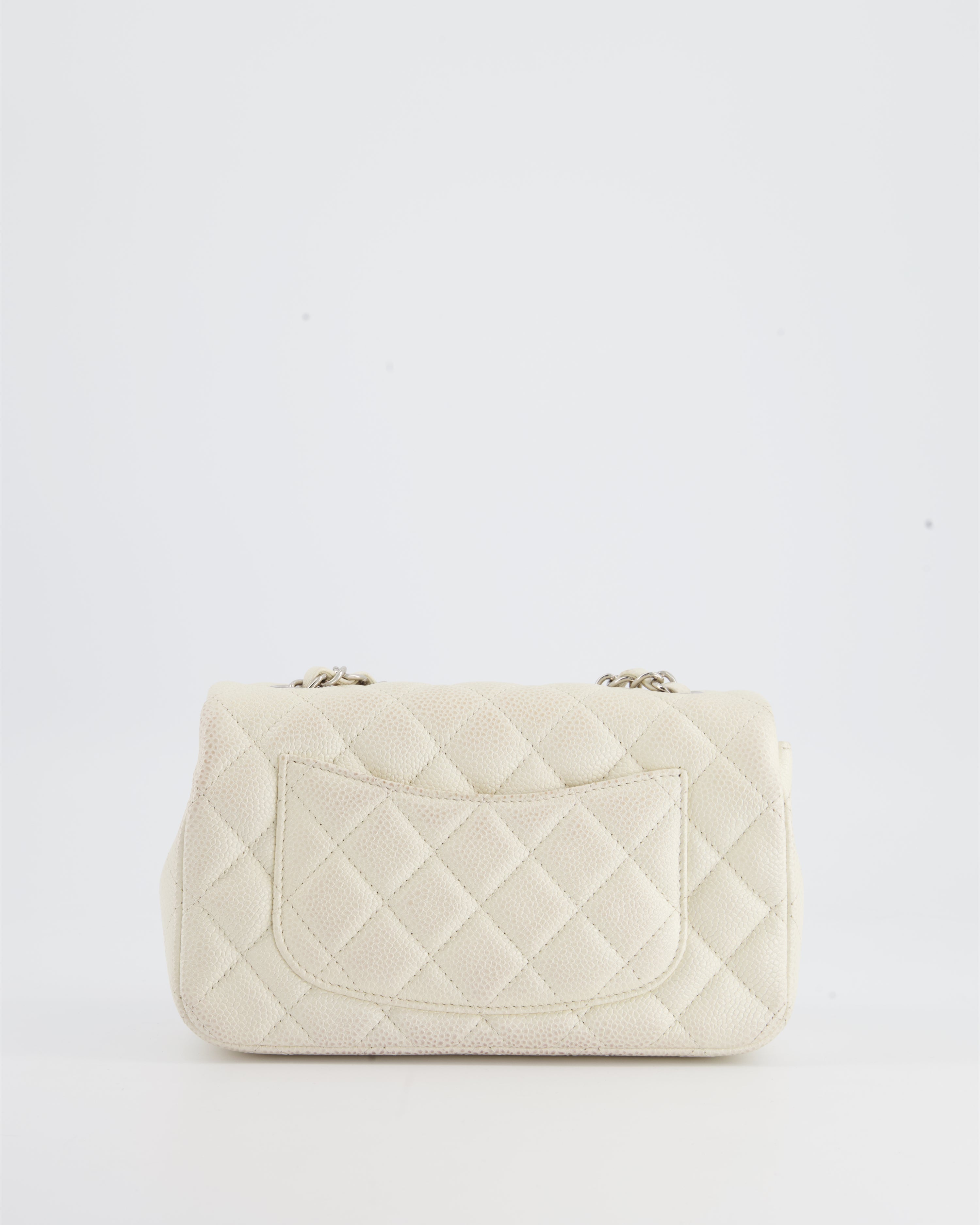 Chanel White Pearlescent Caviar Mini Rectangular Single Flap Bag with Silver Hardware