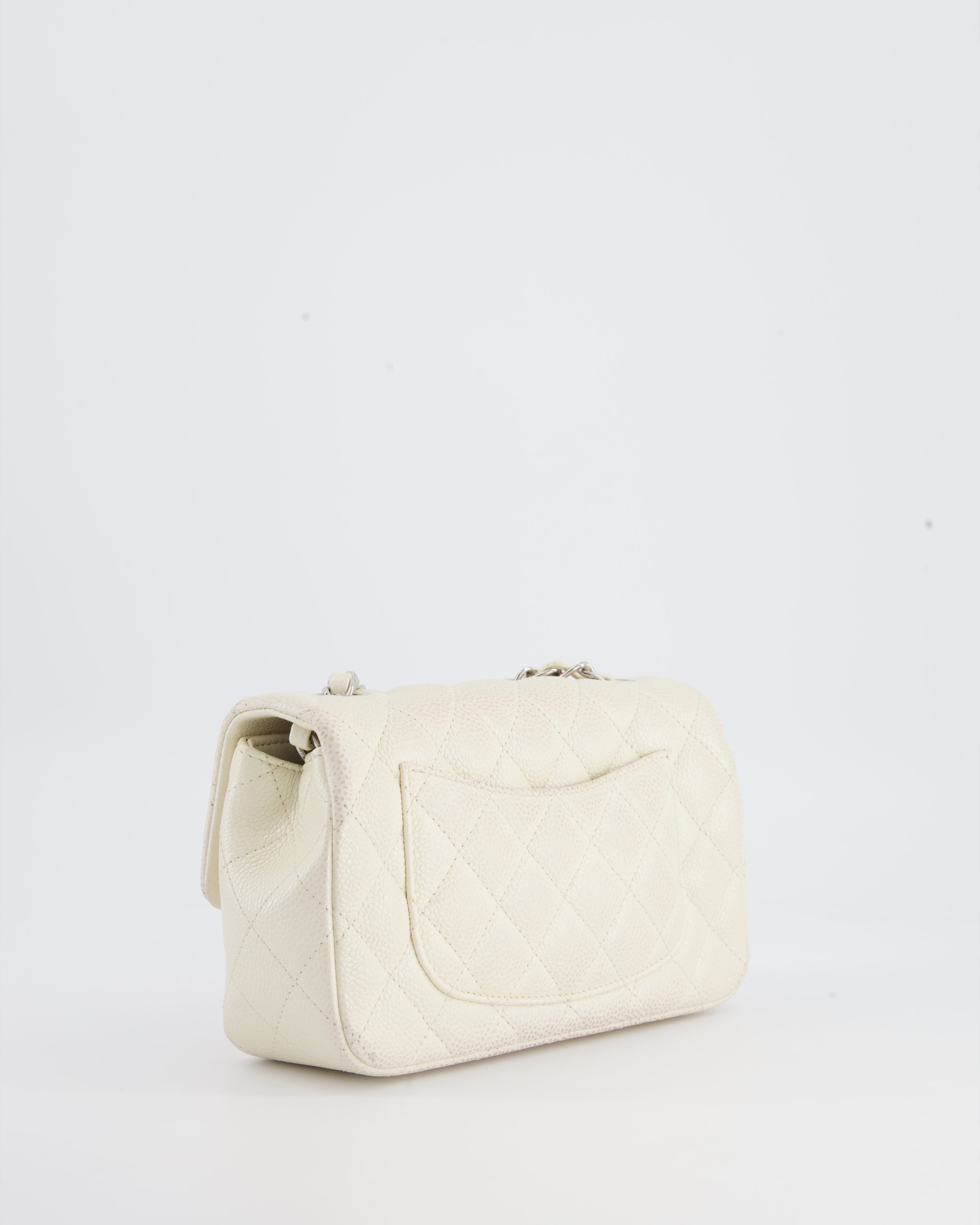 Chanel White Pearlescent Caviar Mini Rectangular Single Flap Bag with Silver Hardware