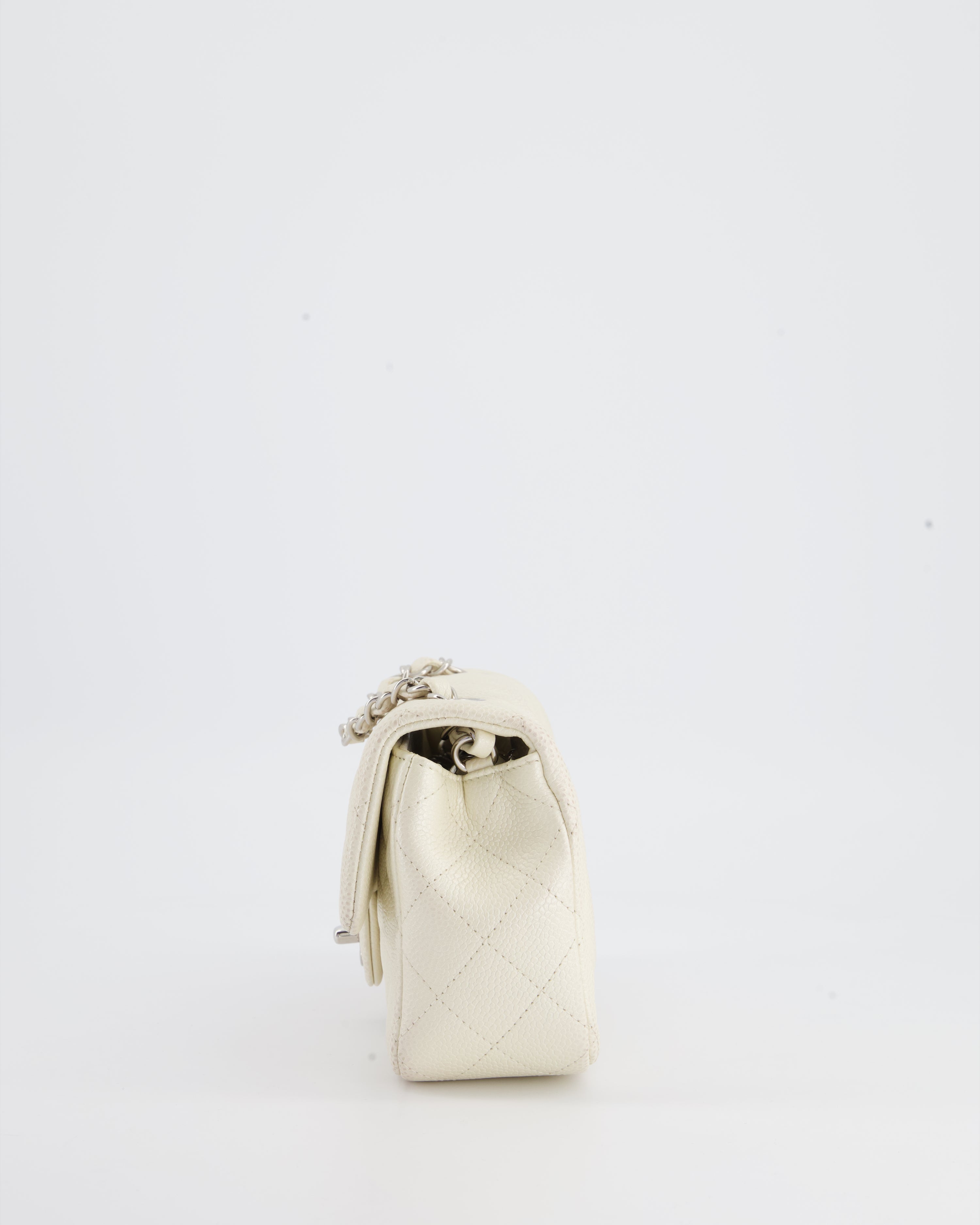 Chanel White Pearlescent Caviar Mini Rectangular Single Flap Bag with Silver Hardware