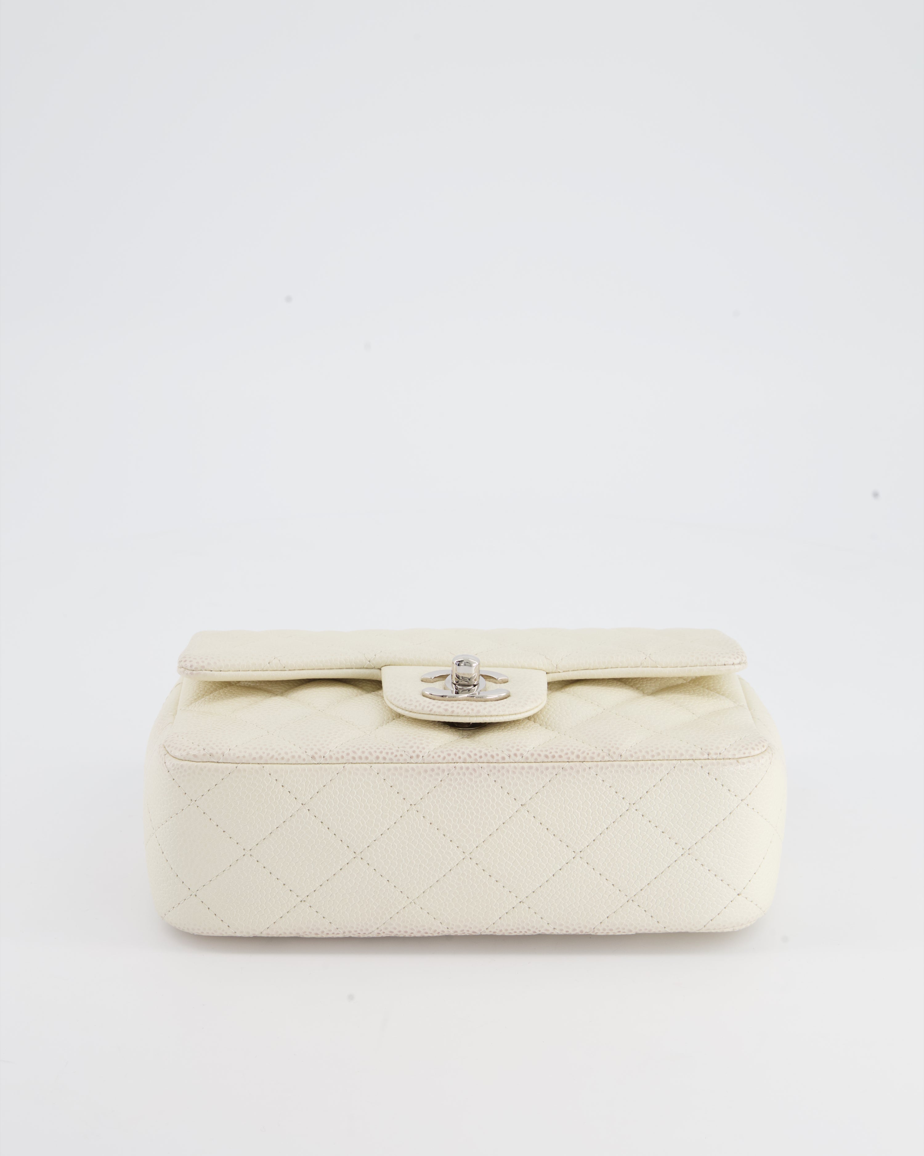 Chanel White Pearlescent Caviar Mini Rectangular Single Flap Bag with Silver Hardware