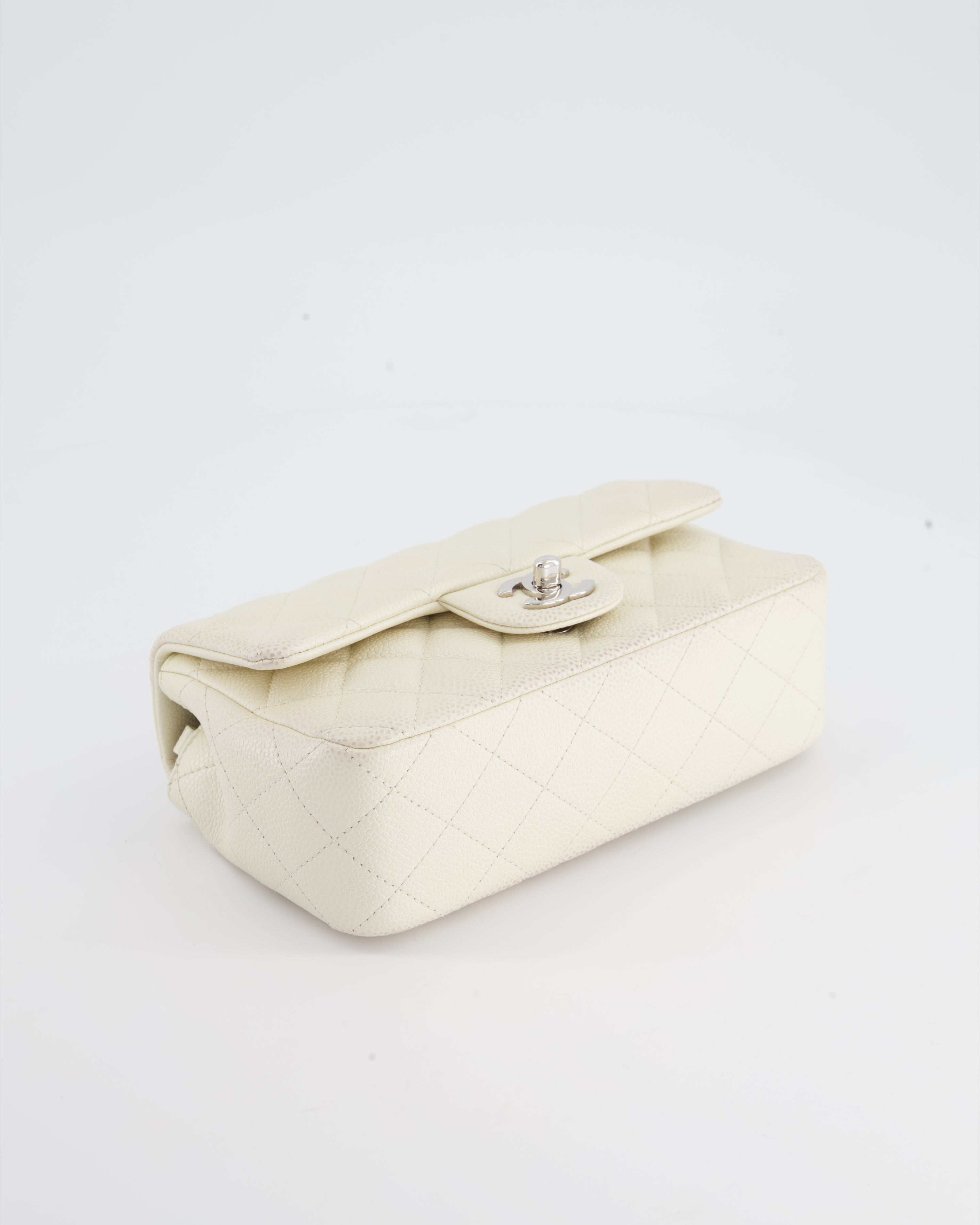 Chanel White Pearlescent Caviar Mini Rectangular Single Flap Bag with Silver Hardware