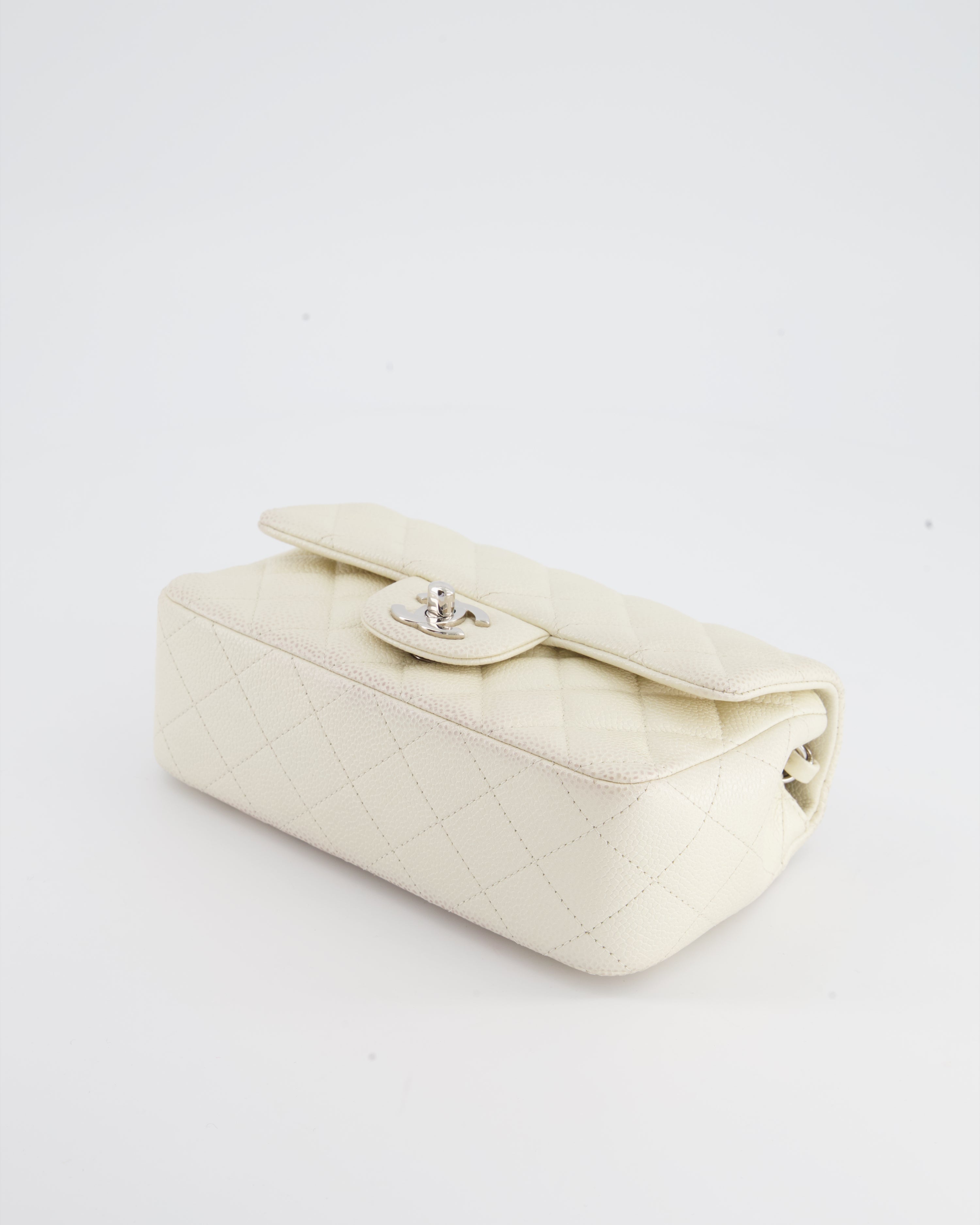 Chanel White Pearlescent Caviar Mini Rectangular Single Flap Bag with Silver Hardware