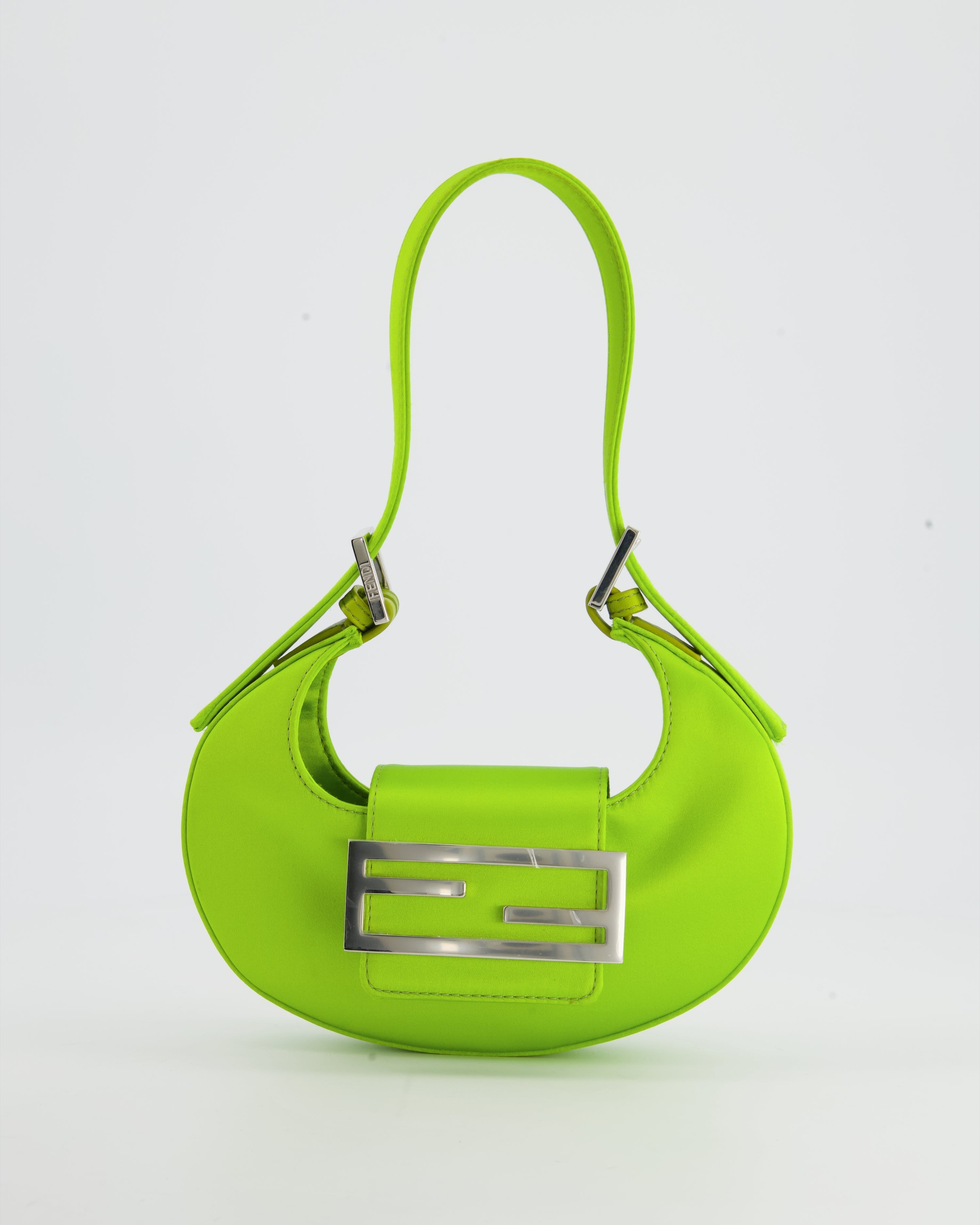 Fendi Lime Green Satin Mini Cookie Hobo Bag with Silver Hardware