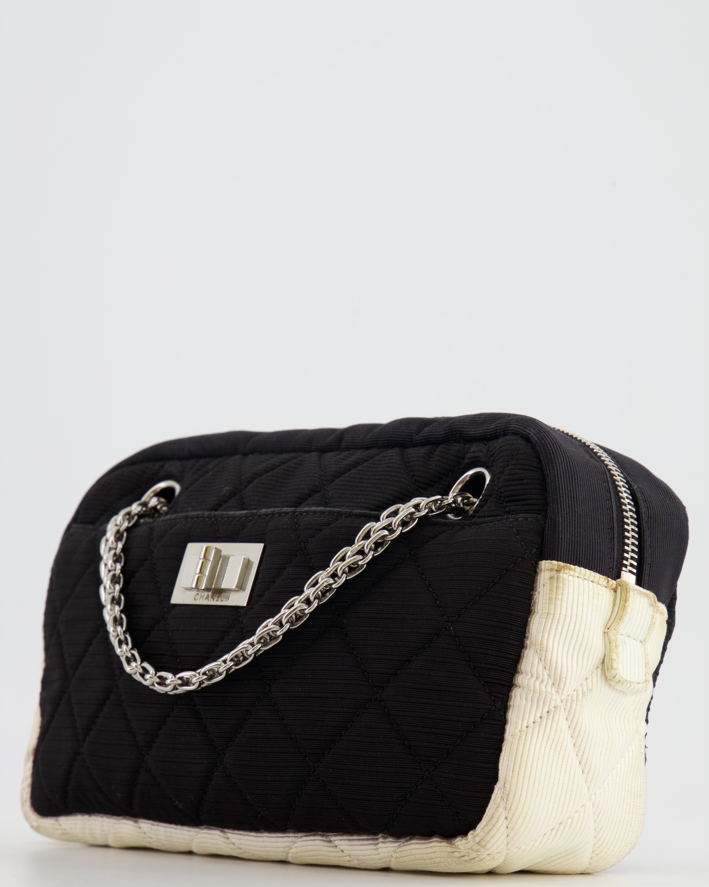 Chanel Black and White Canvas Camera Bag with Silver Hardware