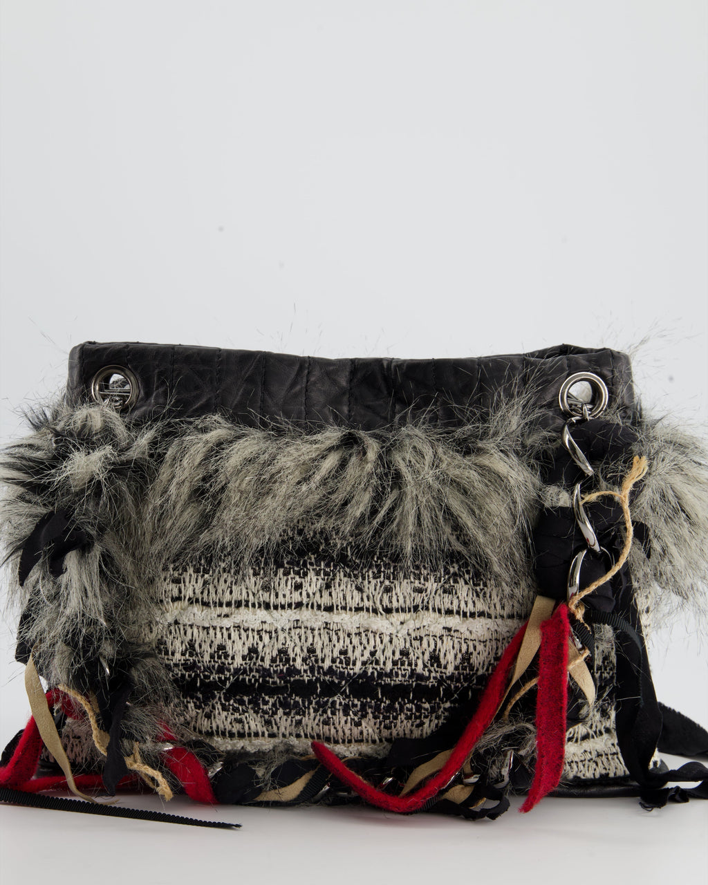 Chanel Black and White Tweed Mini Shoulder Bag with Faux Fur Detail and Silver Hardware
