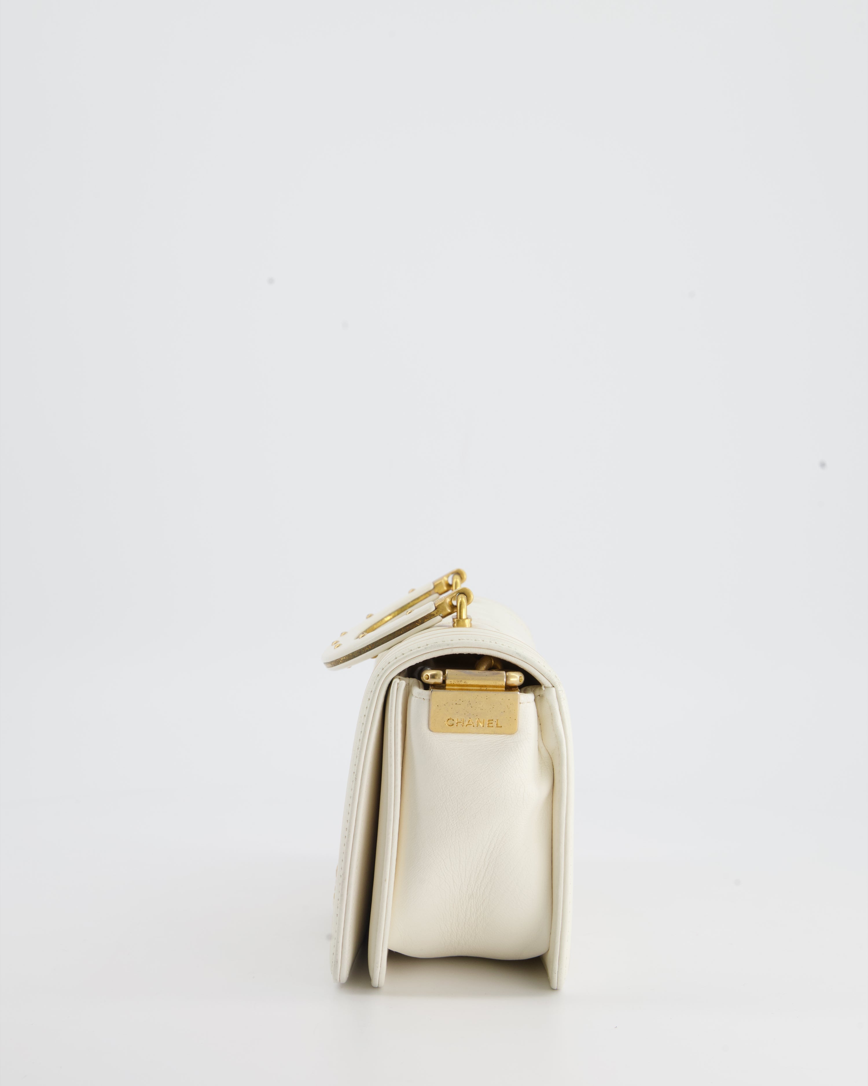 Chanel White and Gold Small Top Handle Boy Bag in Lambskin Leather with Brushed Gold Hardware