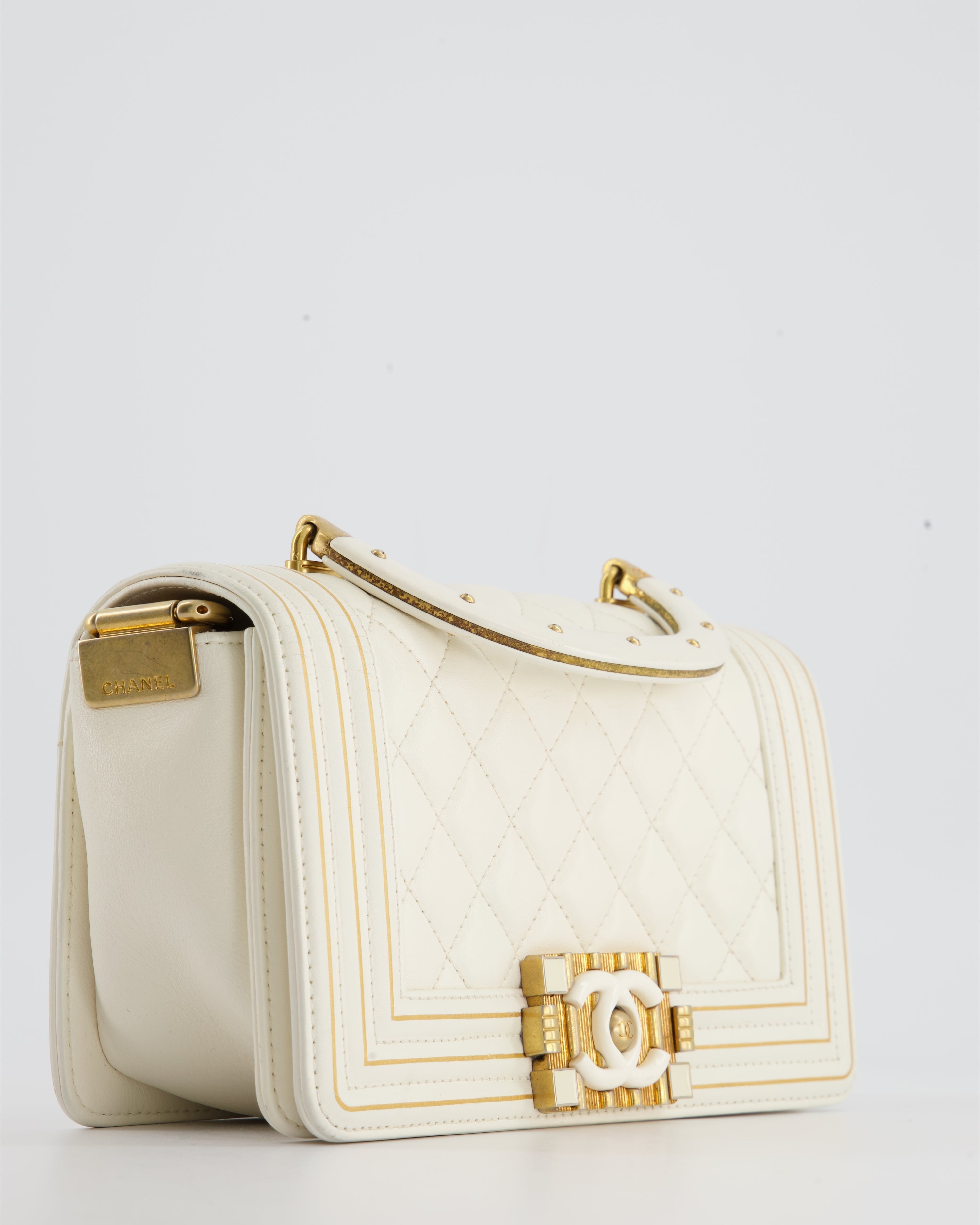 Chanel White and Gold Small Top Handle Boy Bag in Lambskin Leather with Brushed Gold Hardware
