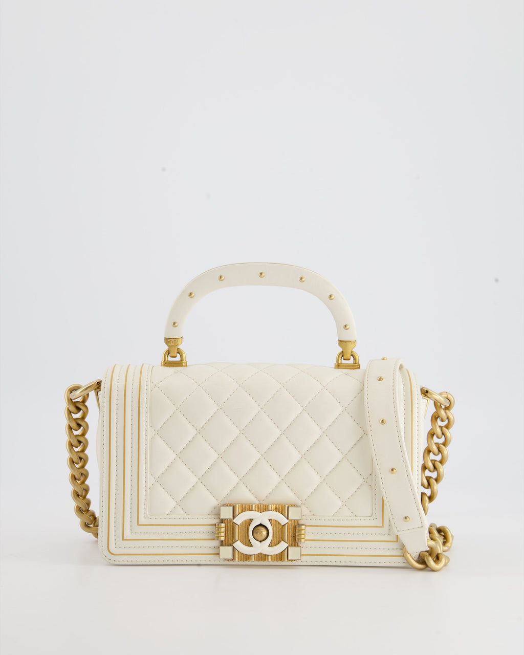 Chanel White and Gold Small Top Handle Boy Bag in Lambskin Leather with Brushed Gold Hardware