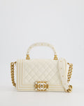 Chanel White and Gold Small Top Handle Boy Bag in Lambskin Leather with Brushed Gold Hardware