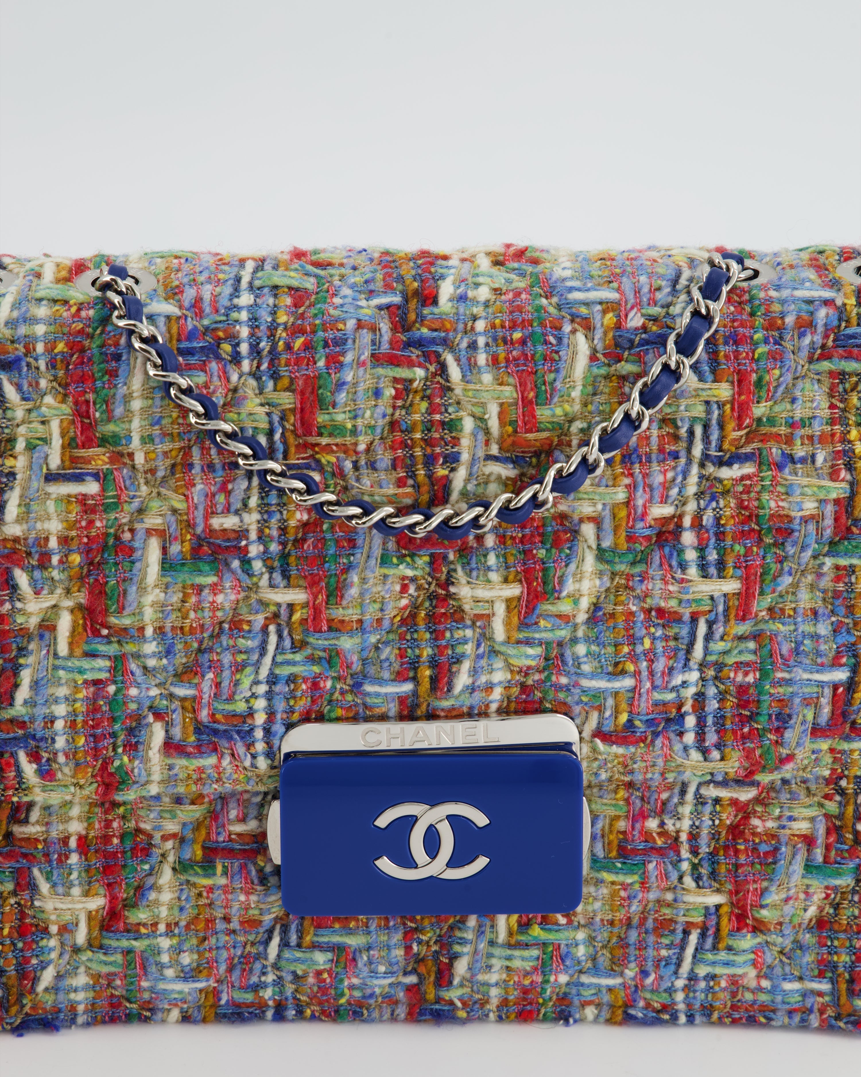 Chanel Multi-Colour Tweed Flap Bag with Electric Blue Lambskin Detail and Silver Hardware