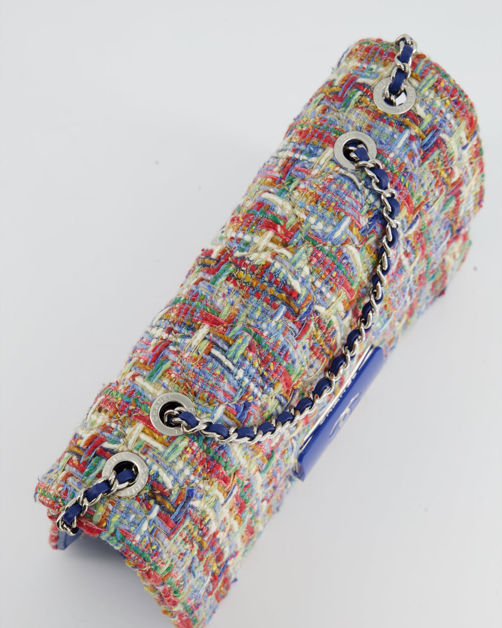 Chanel Multi-Colour Tweed Flap Bag with Electric Blue Lambskin Detail and Silver Hardware