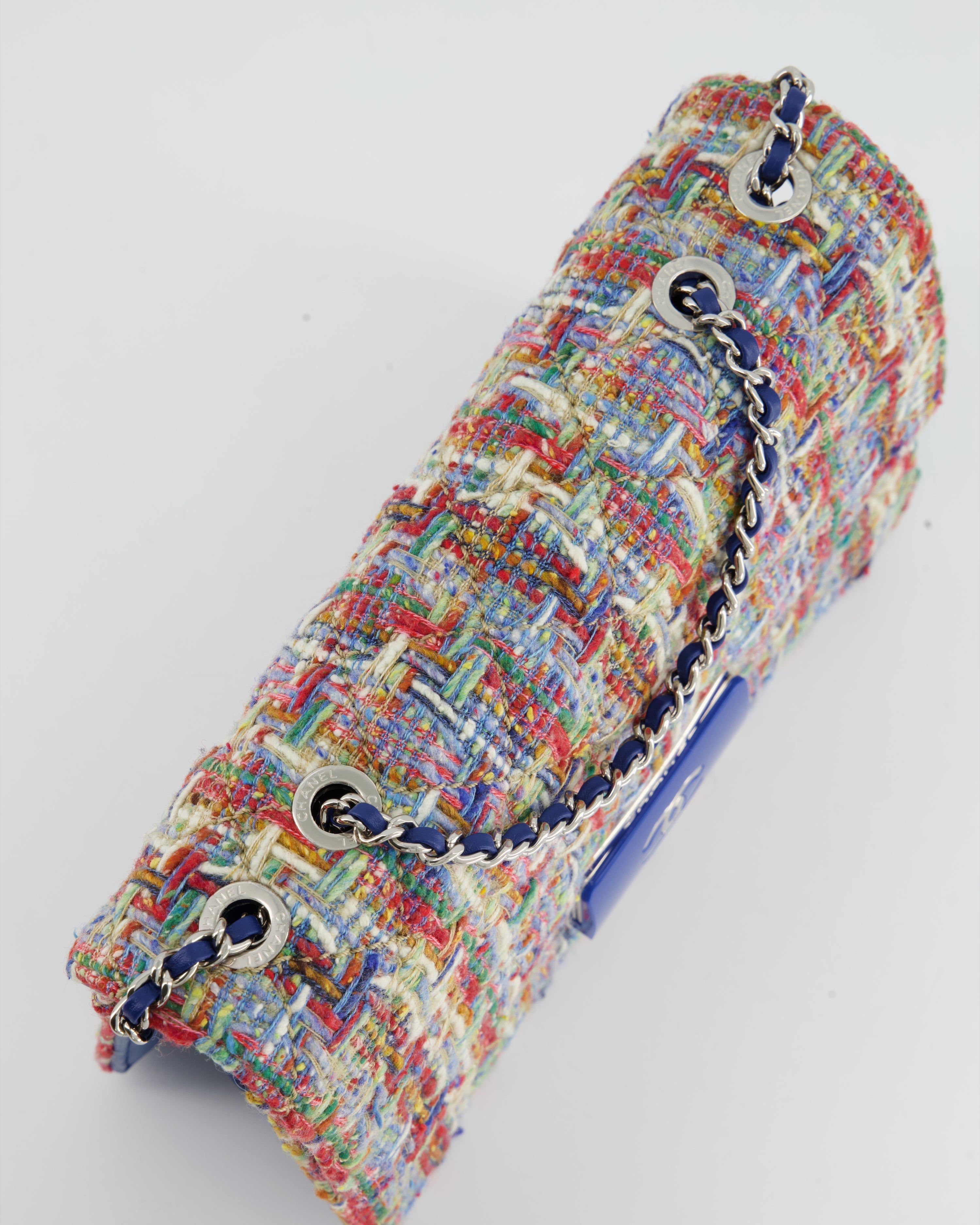 Chanel Multi-Colour Tweed Flap Bag with Electric Blue Lambskin Detail and Silver Hardware
