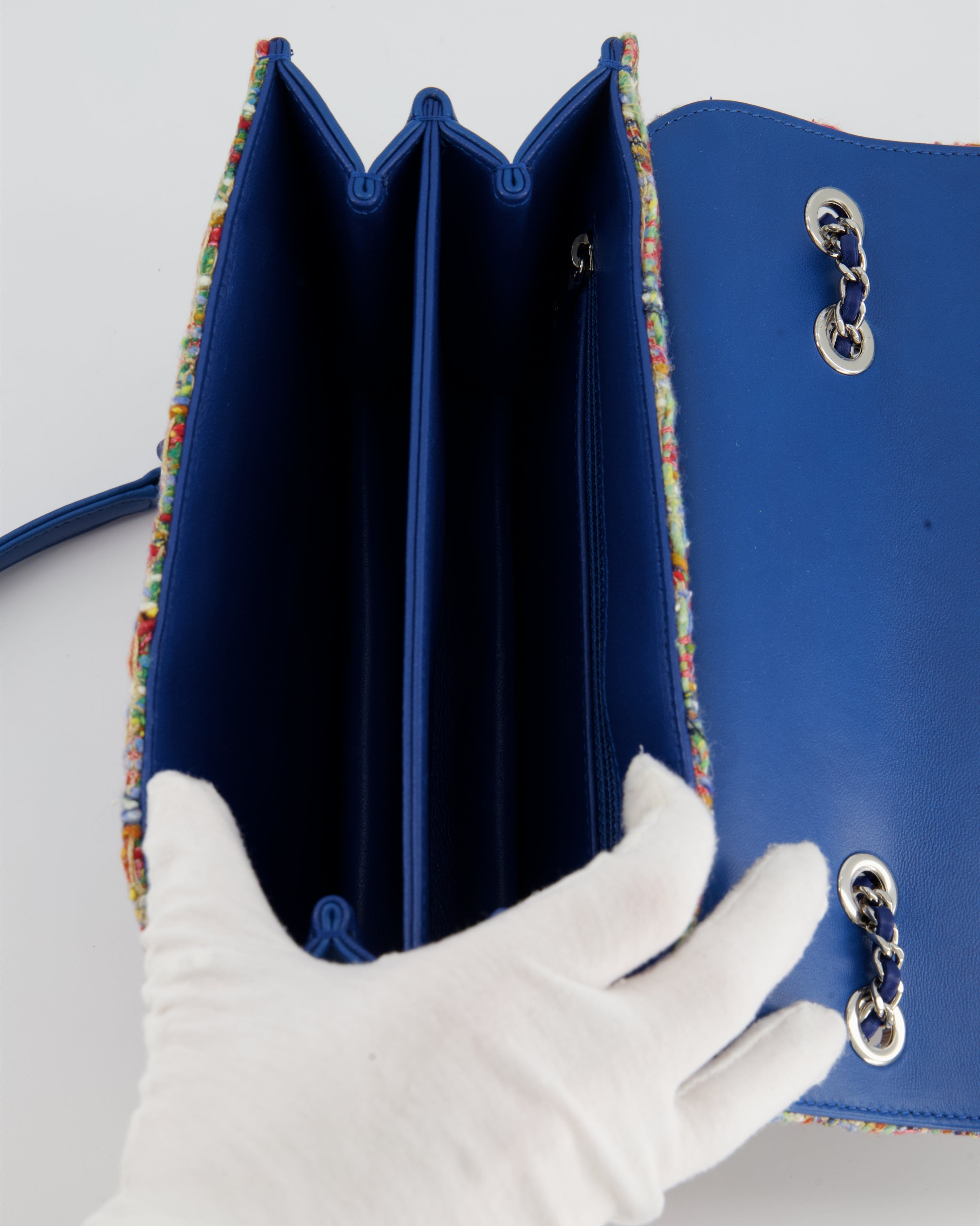 Chanel Multi-Colour Tweed Flap Bag with Electric Blue Lambskin Detail and Silver Hardware