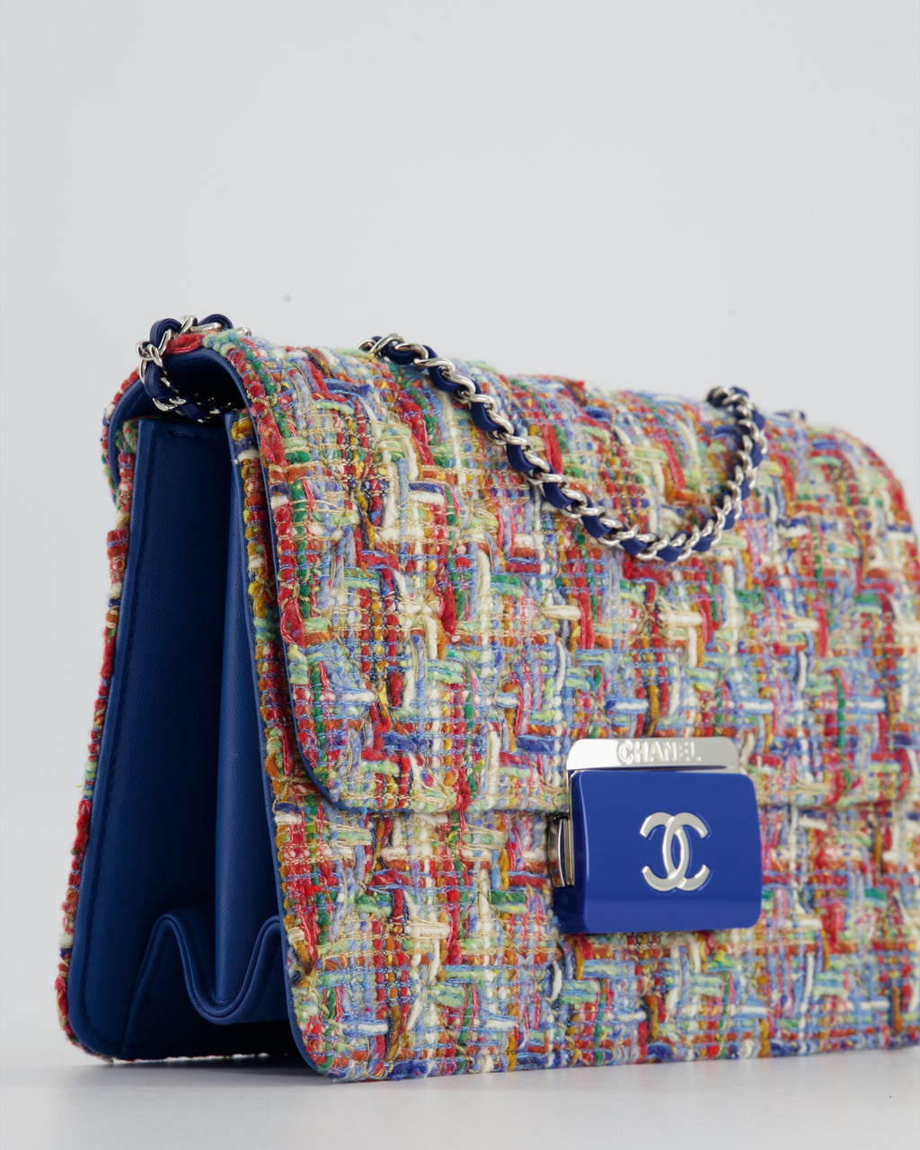 Chanel Multi-Colour Tweed Flap Bag with Electric Blue Lambskin Detail and Silver Hardware