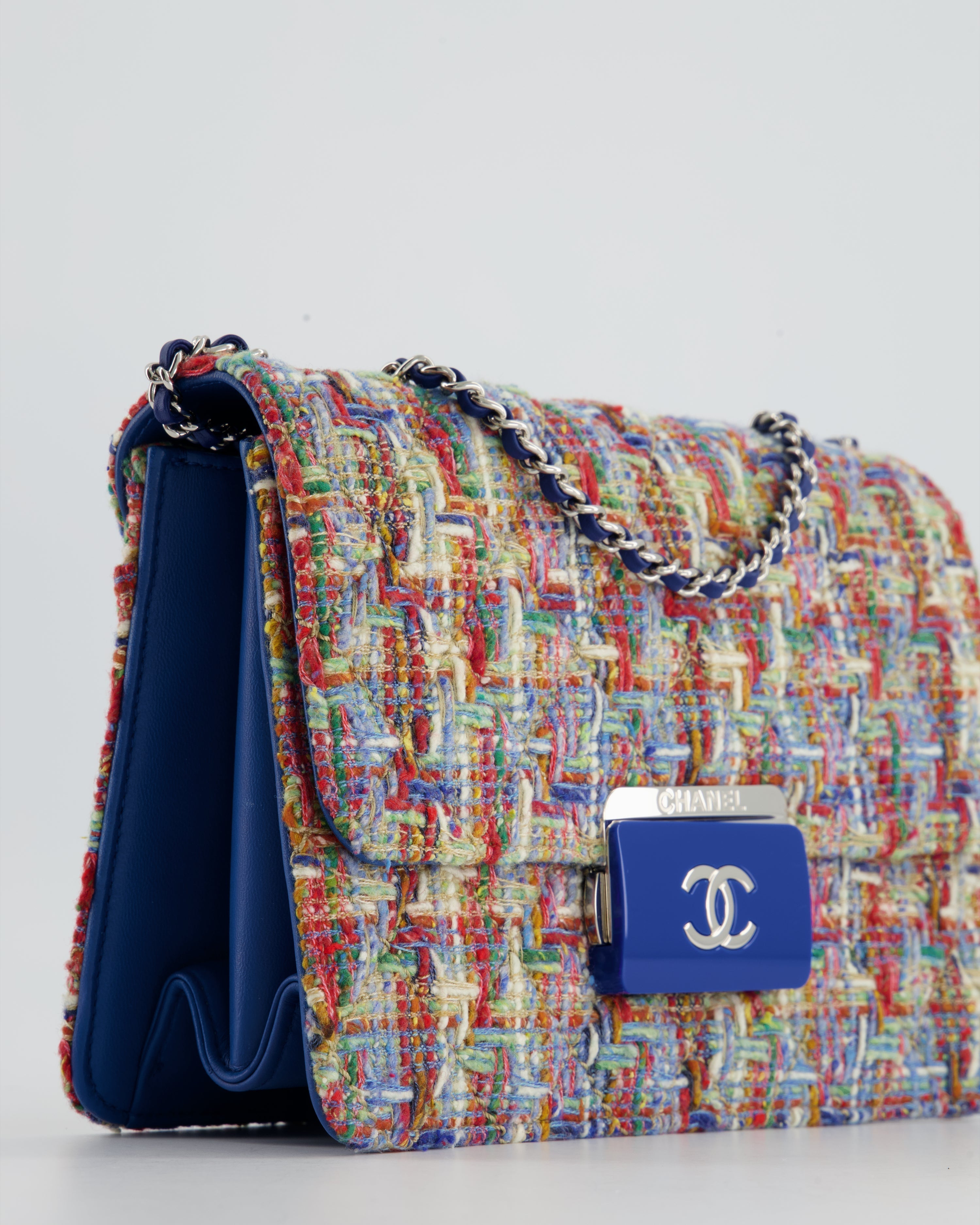 Chanel Multi-Colour Tweed Flap Bag with Electric Blue Lambskin Detail and Silver Hardware