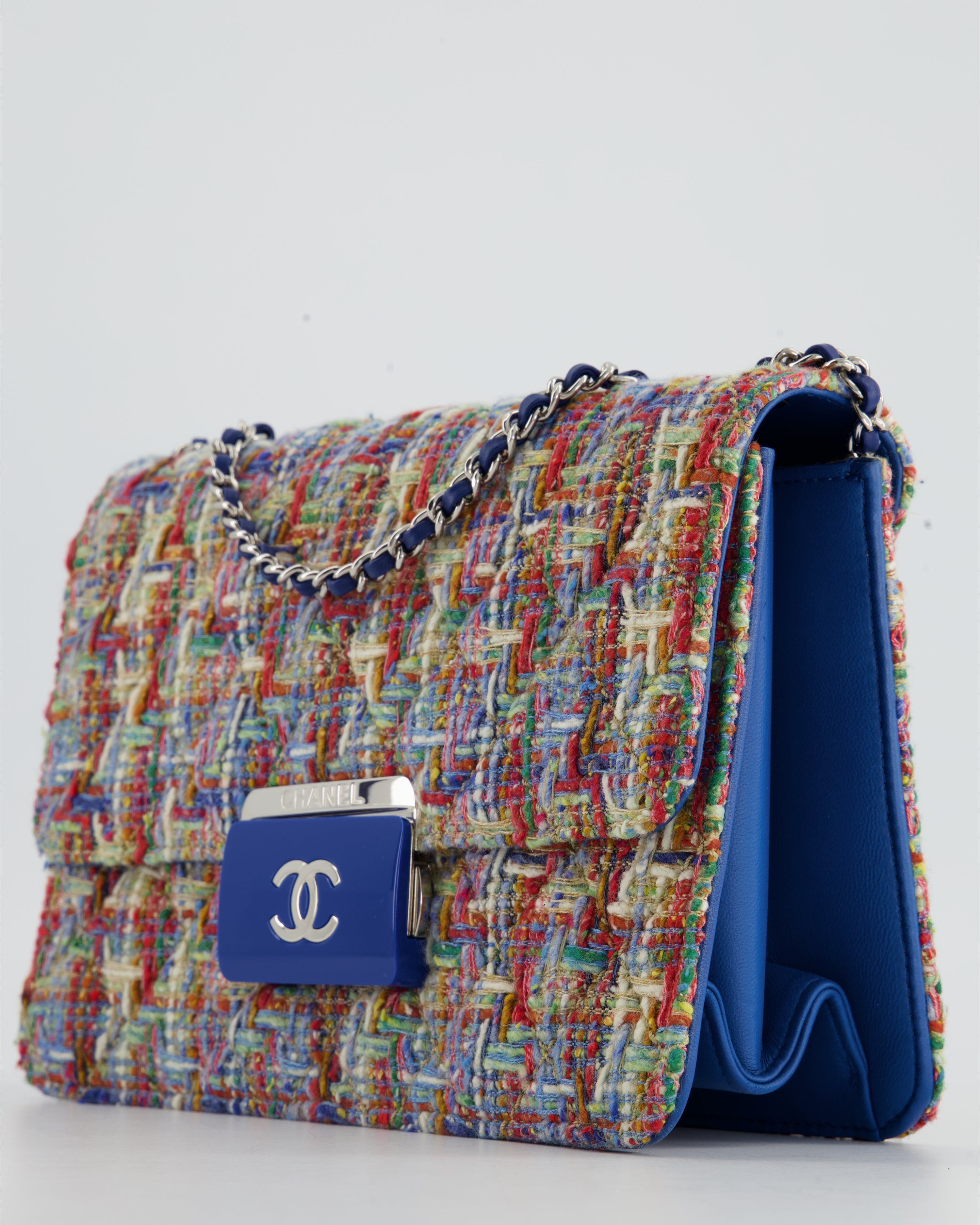 Chanel Multi-Colour Tweed Flap Bag with Electric Blue Lambskin Detail and Silver Hardware