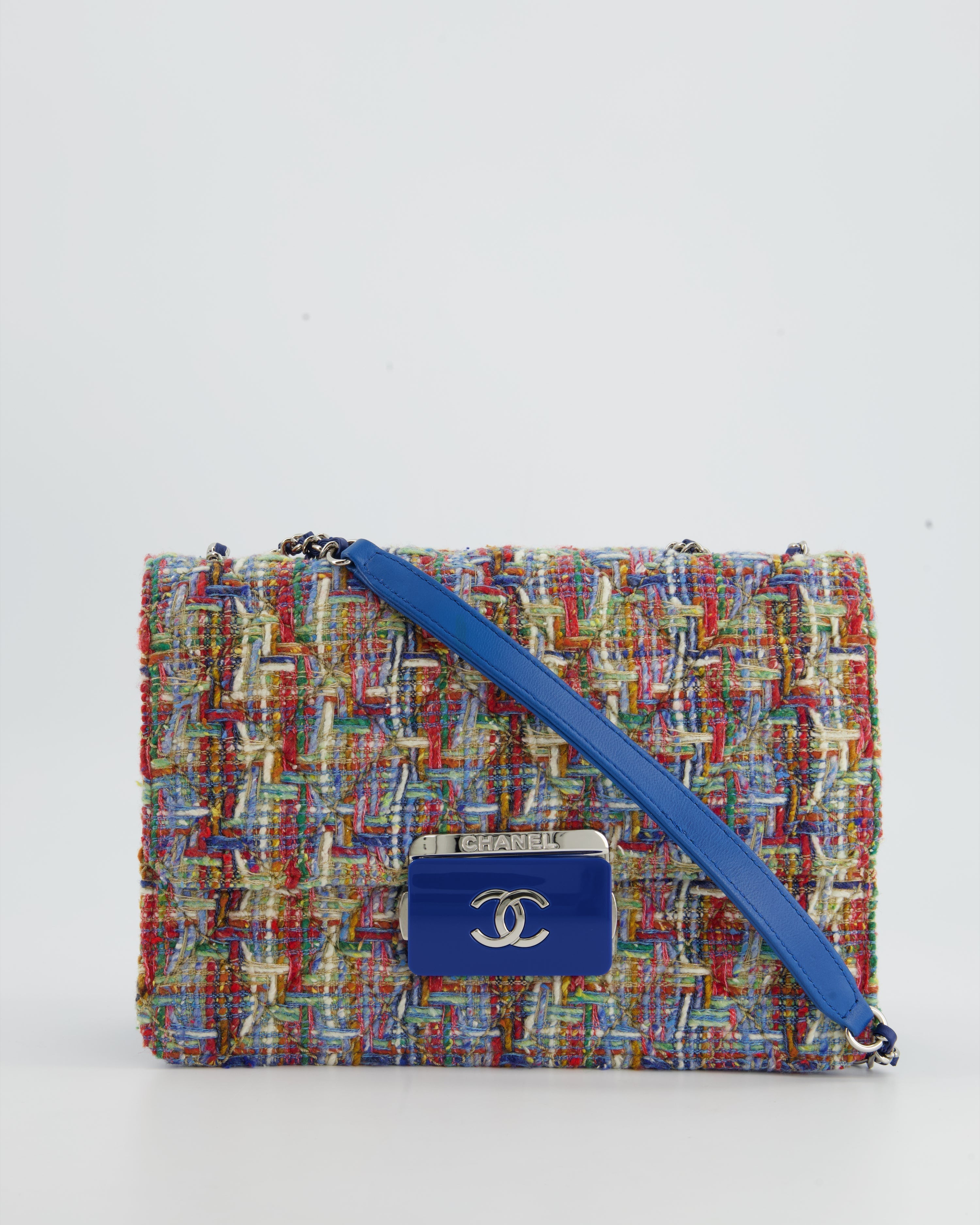 Chanel Multi-Colour Tweed Flap Bag with Electric Blue Lambskin Detail and Silver Hardware