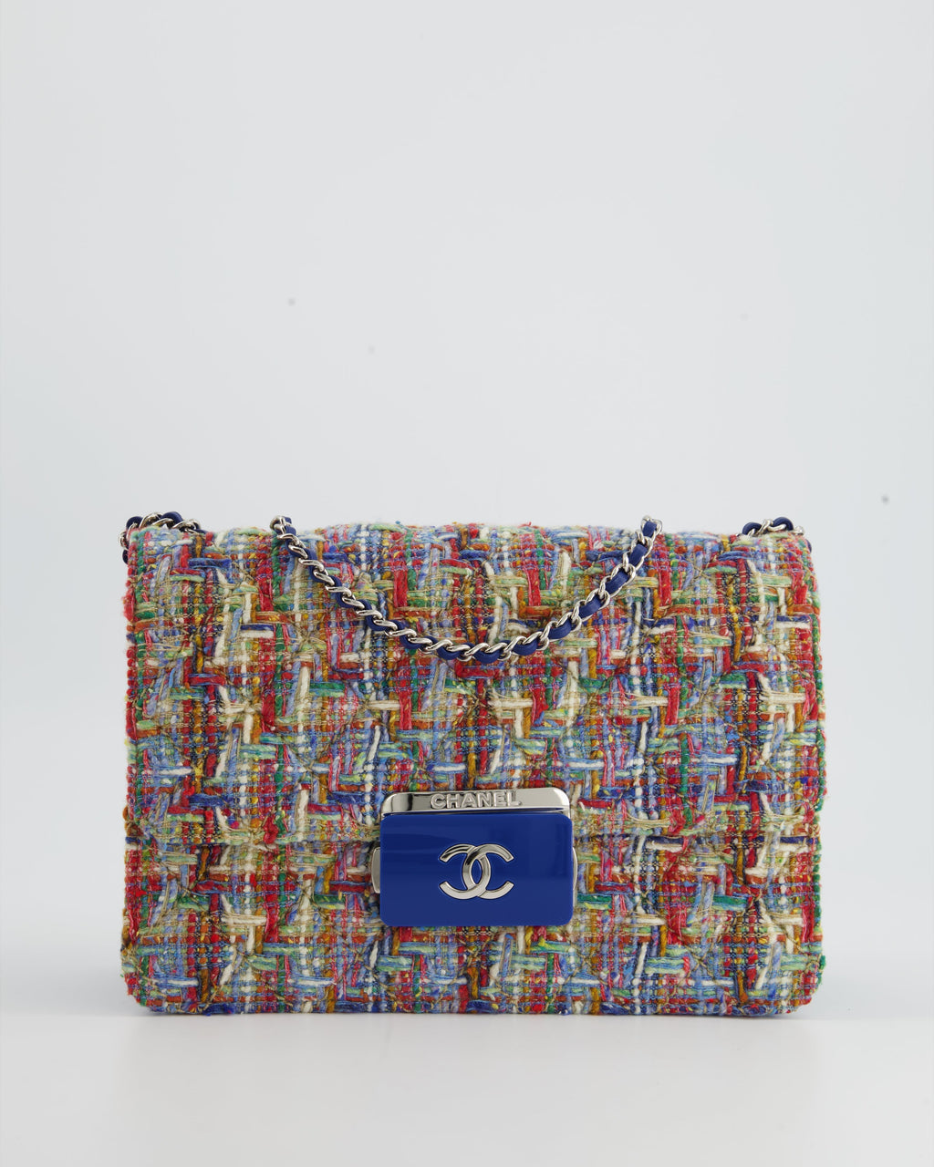 Chanel Multi-Colour Tweed Flap Bag with Electric Blue Lambskin Detail and Silver Hardware