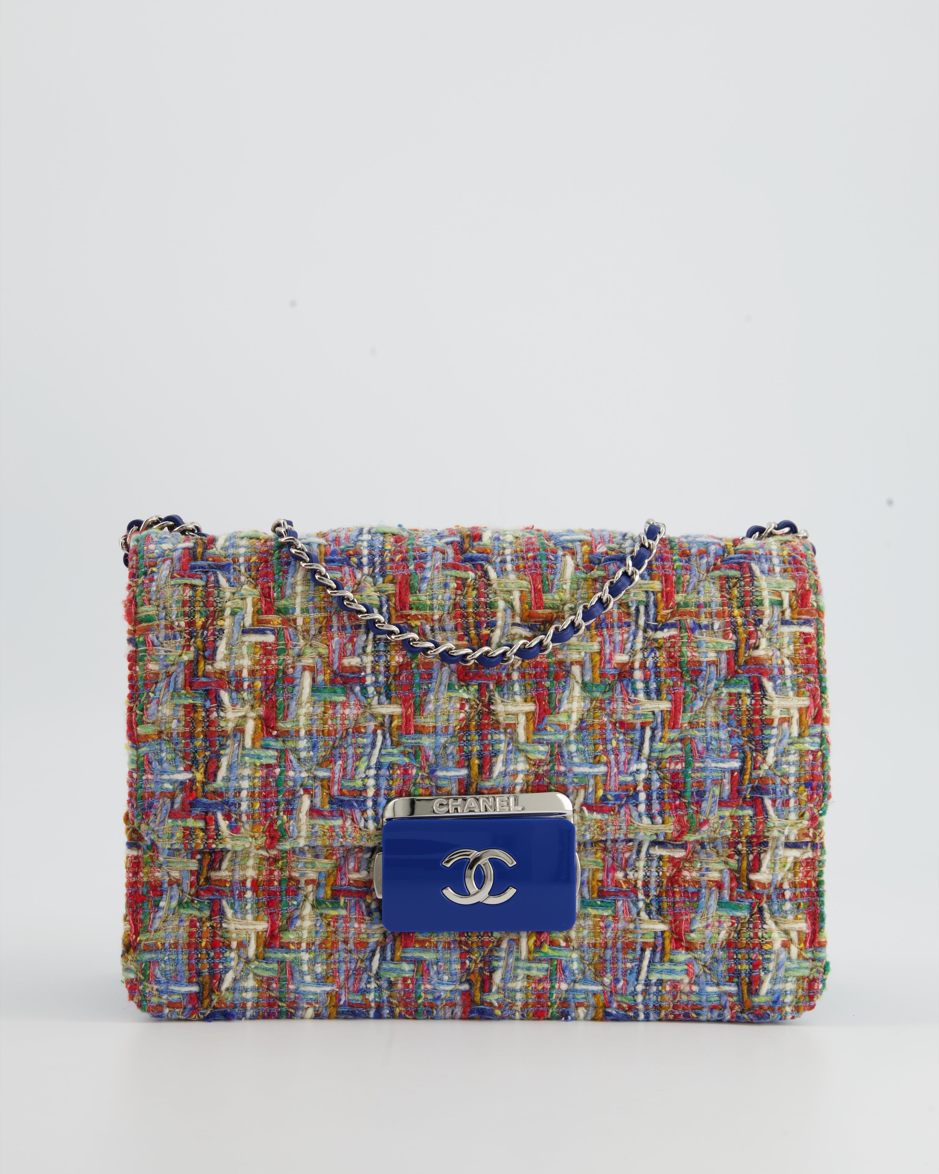 Chanel Multi-Colour Tweed Flap Bag with Electric Blue Lambskin Detail and Silver Hardware