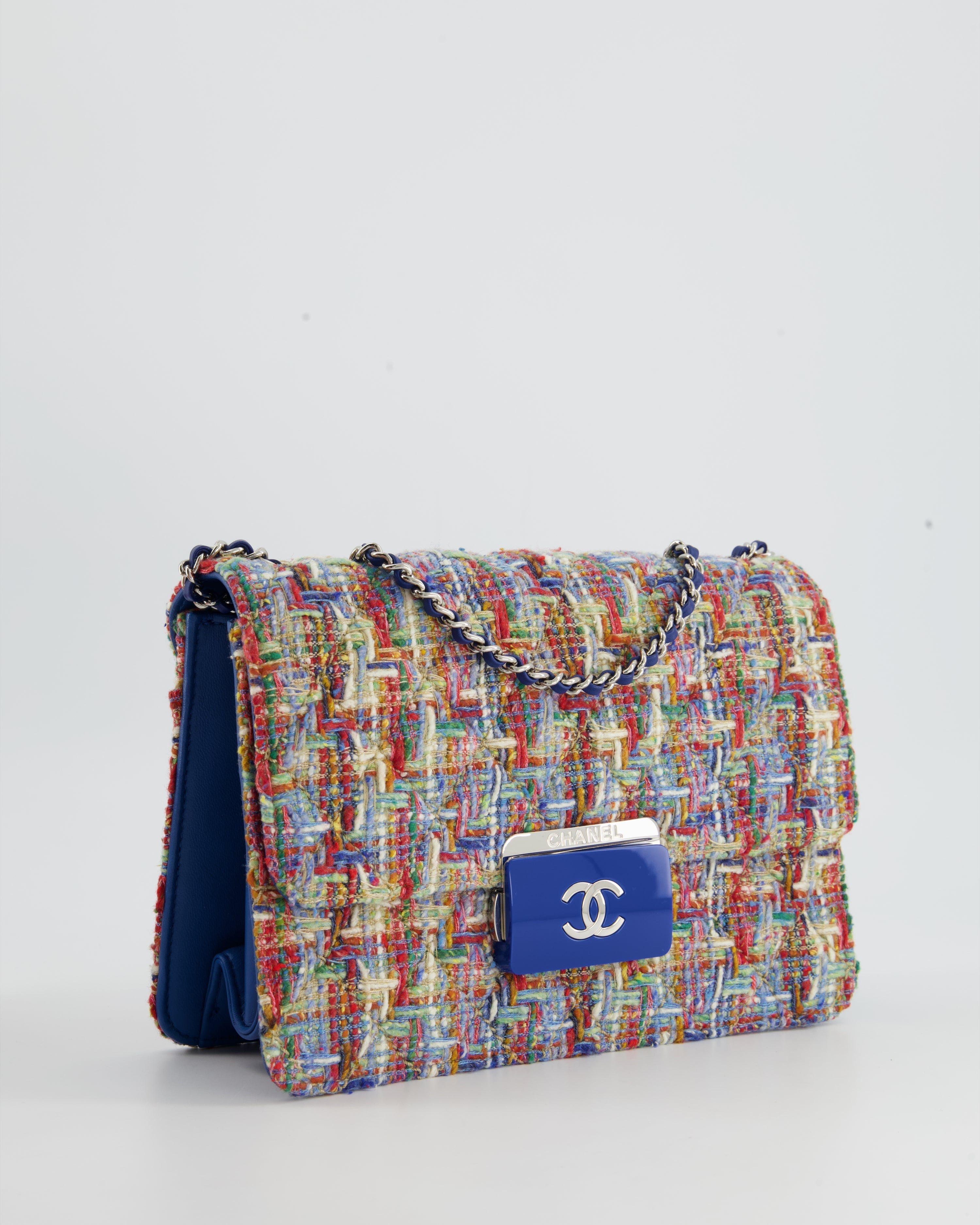 Chanel Multi-Colour Tweed Flap Bag with Electric Blue Lambskin Detail and Silver Hardware