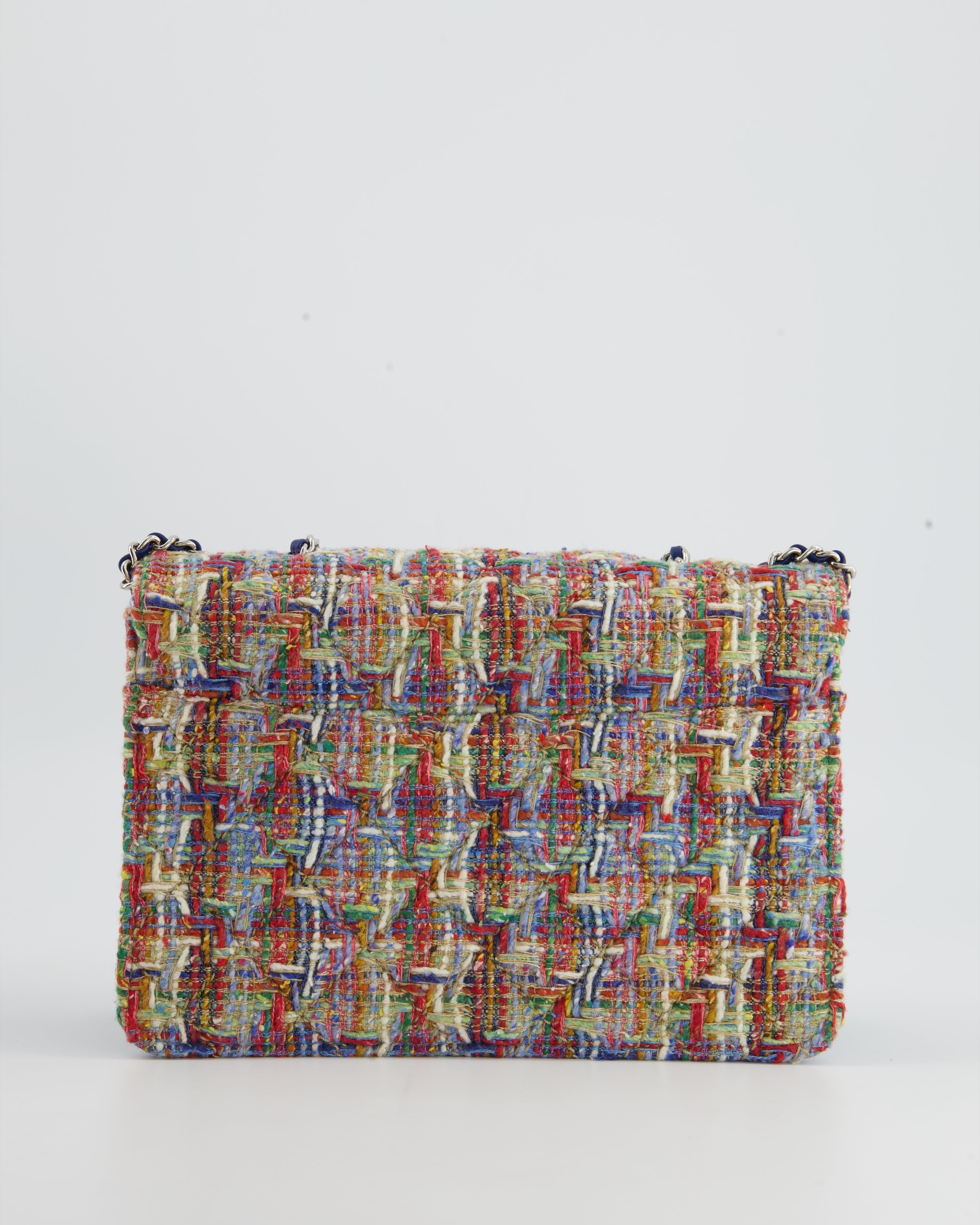Chanel Multi-Colour Tweed Flap Bag with Electric Blue Lambskin Detail and Silver Hardware