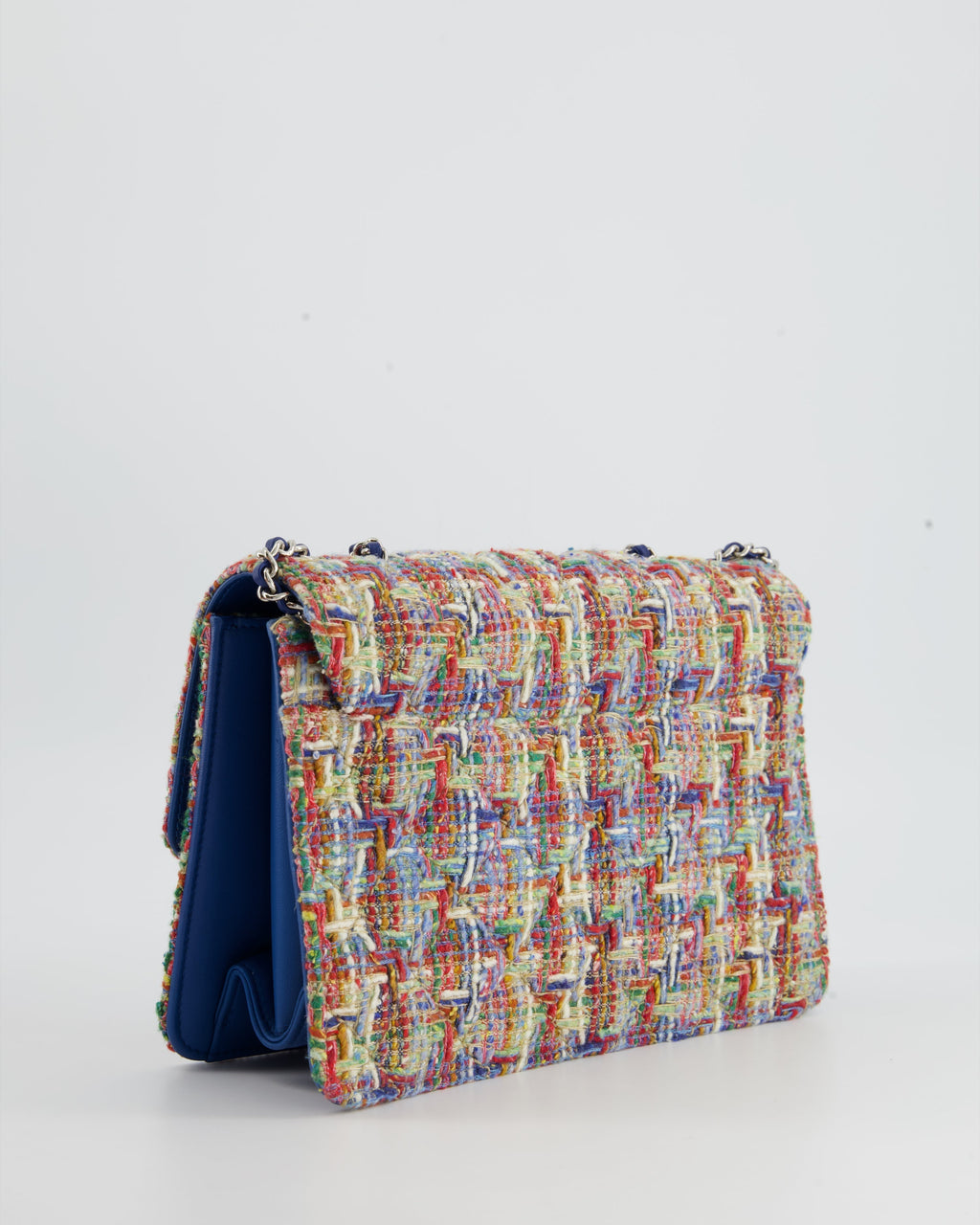 Chanel Multi-Colour Tweed Flap Bag with Electric Blue Lambskin Detail and Silver Hardware