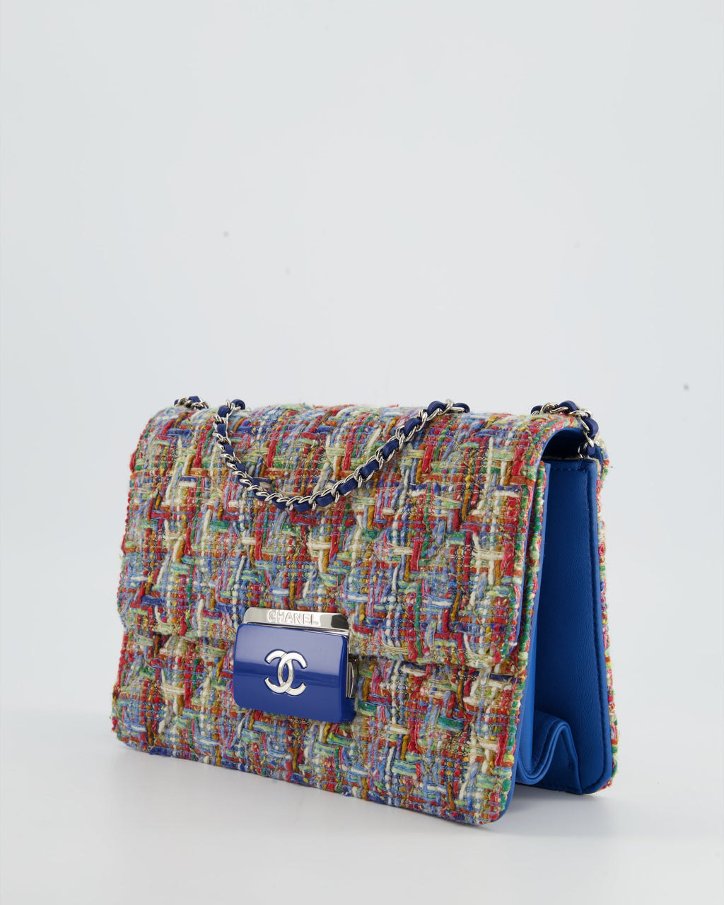 Chanel Multi-Colour Tweed Flap Bag with Electric Blue Lambskin Detail and Silver Hardware