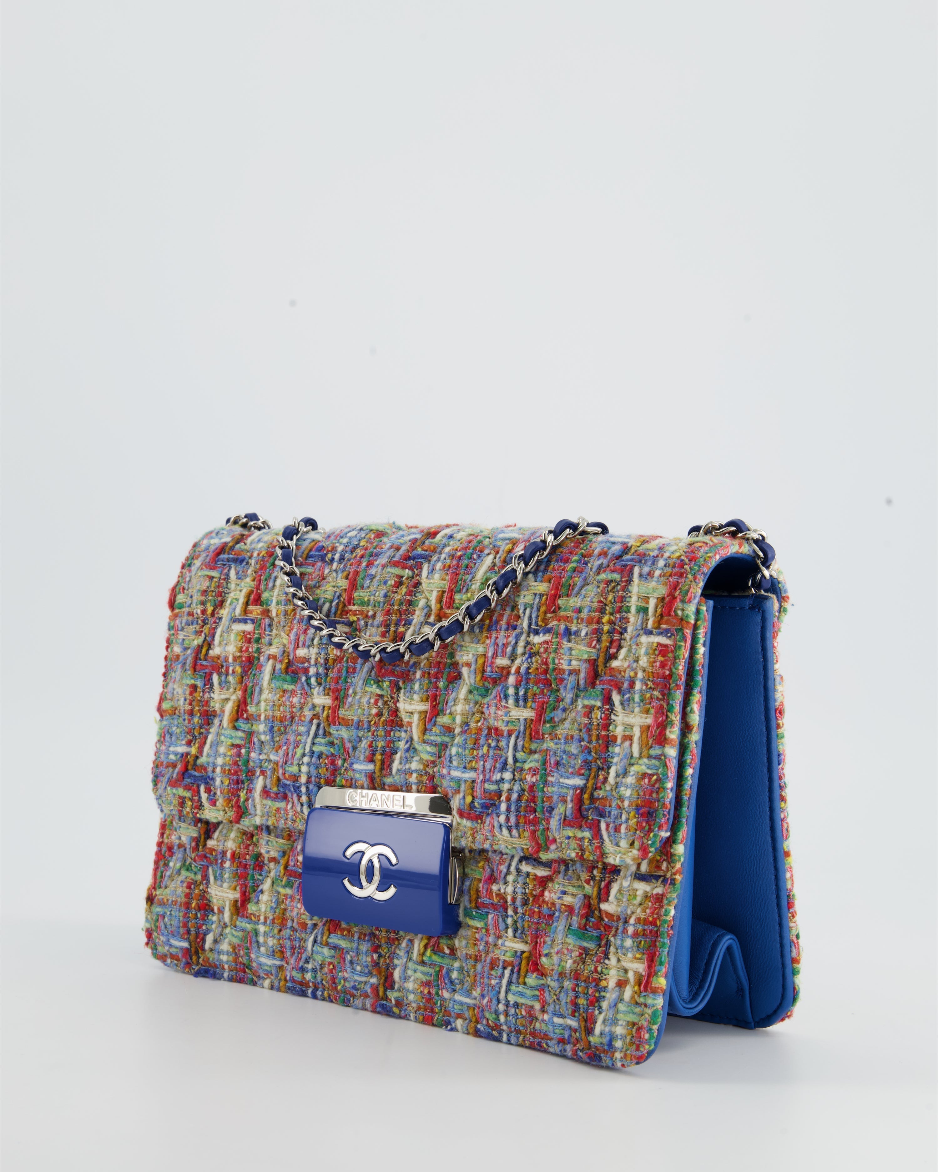 Chanel Multi-Colour Tweed Flap Bag with Electric Blue Lambskin Detail and Silver Hardware