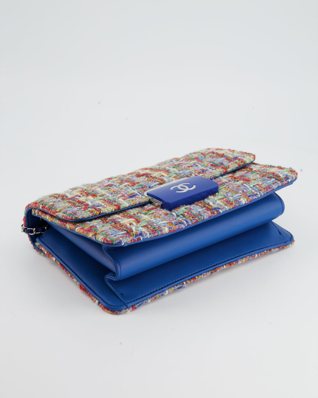 Chanel Multi-Colour Tweed Flap Bag with Electric Blue Lambskin Detail and Silver Hardware