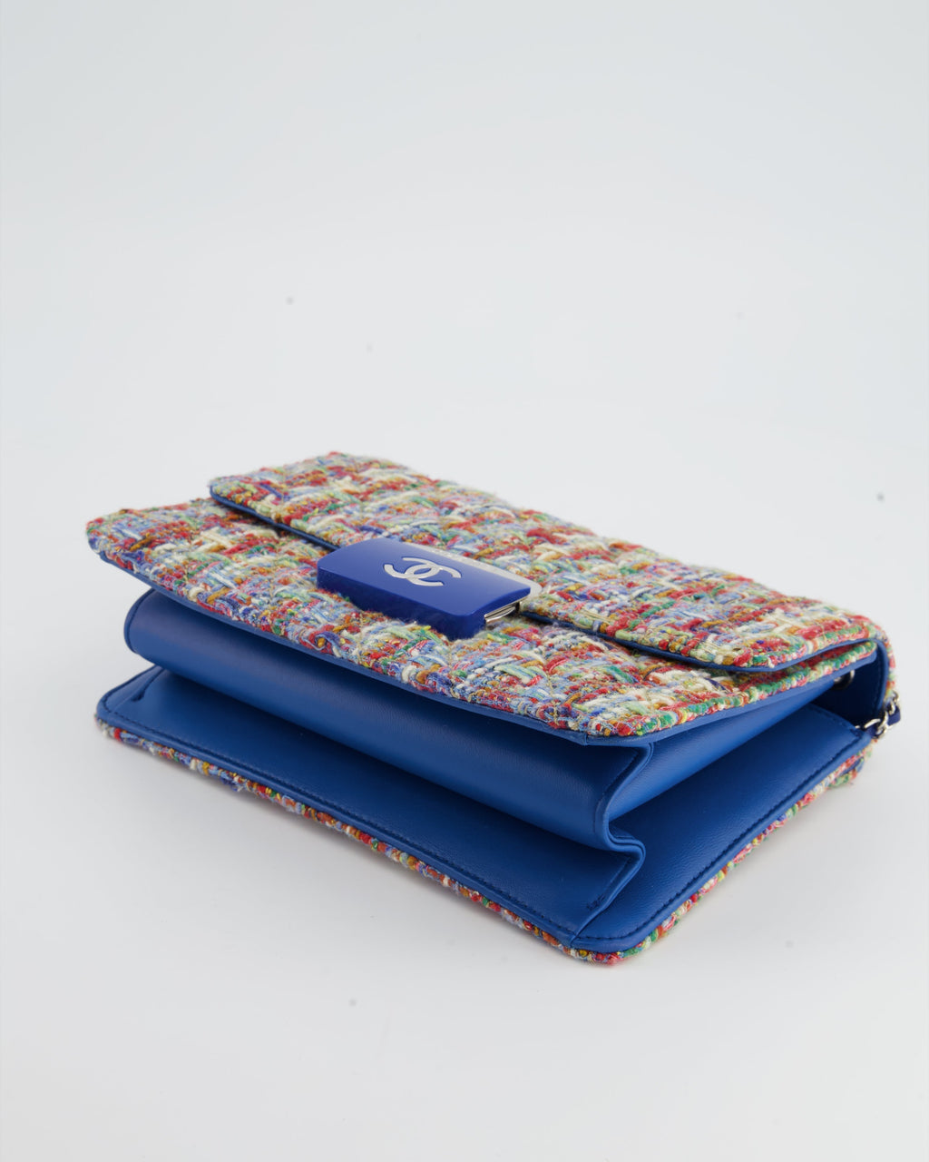 Chanel Multi-Colour Tweed Flap Bag with Electric Blue Lambskin Detail and Silver Hardware