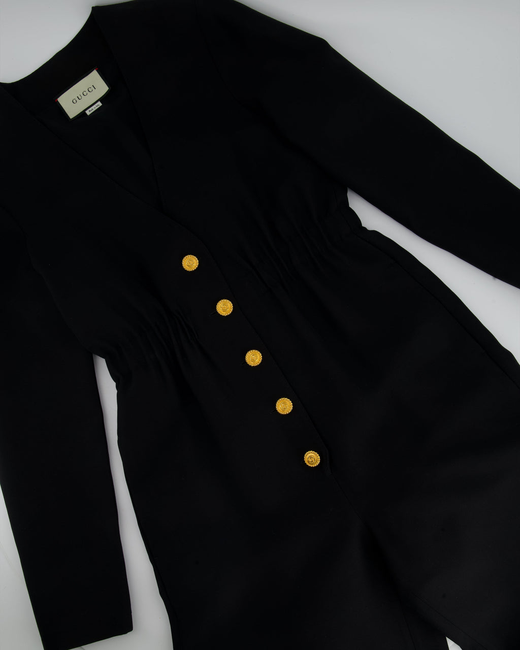 Gucci Black Long-Sleeve V-Neck Jumpsuit with Gold Button Detail Size IT 38 (UK 6)