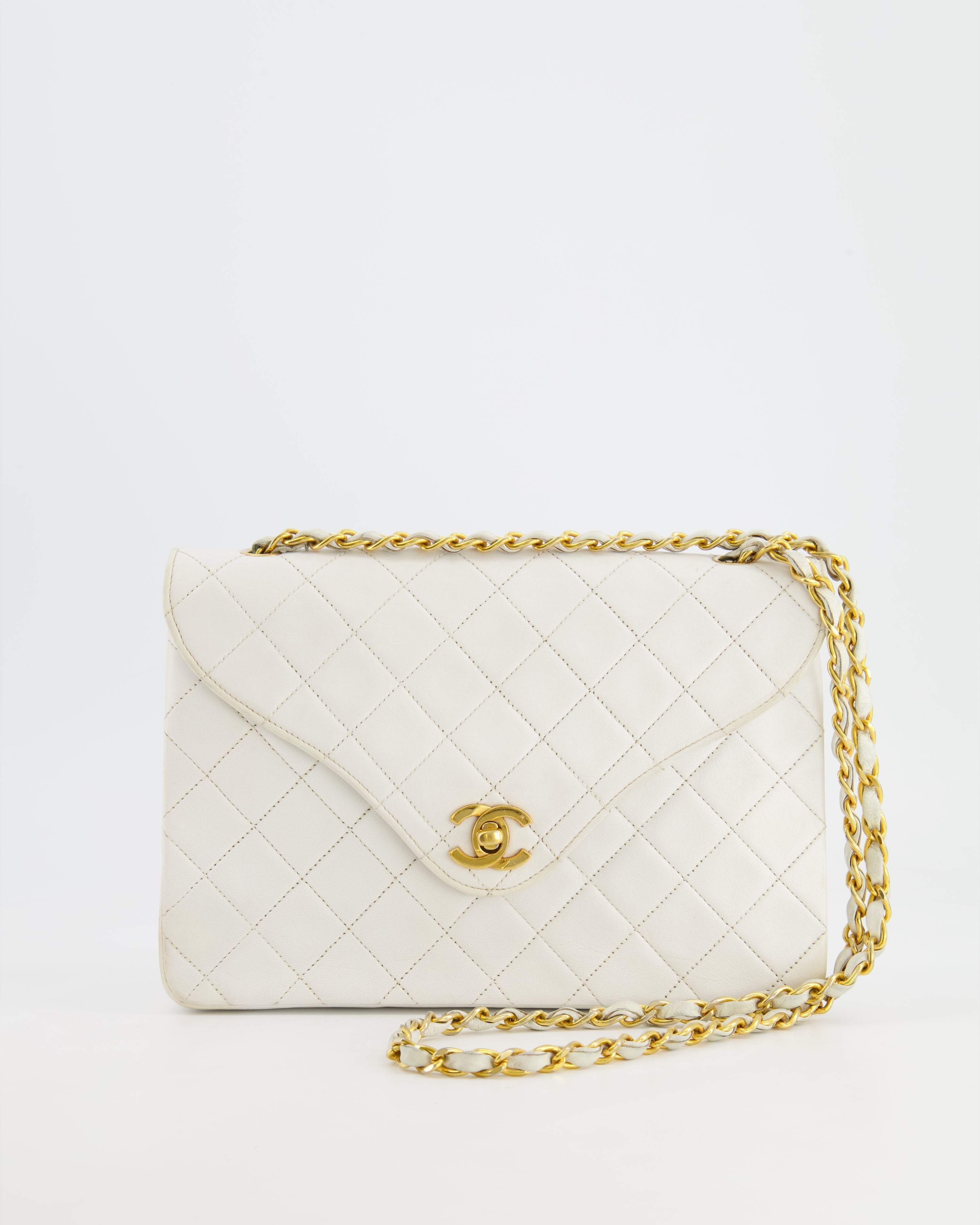 Chanel Vintage White Quilted Lambskin Single Flap Bag with 24k Gold Hardware