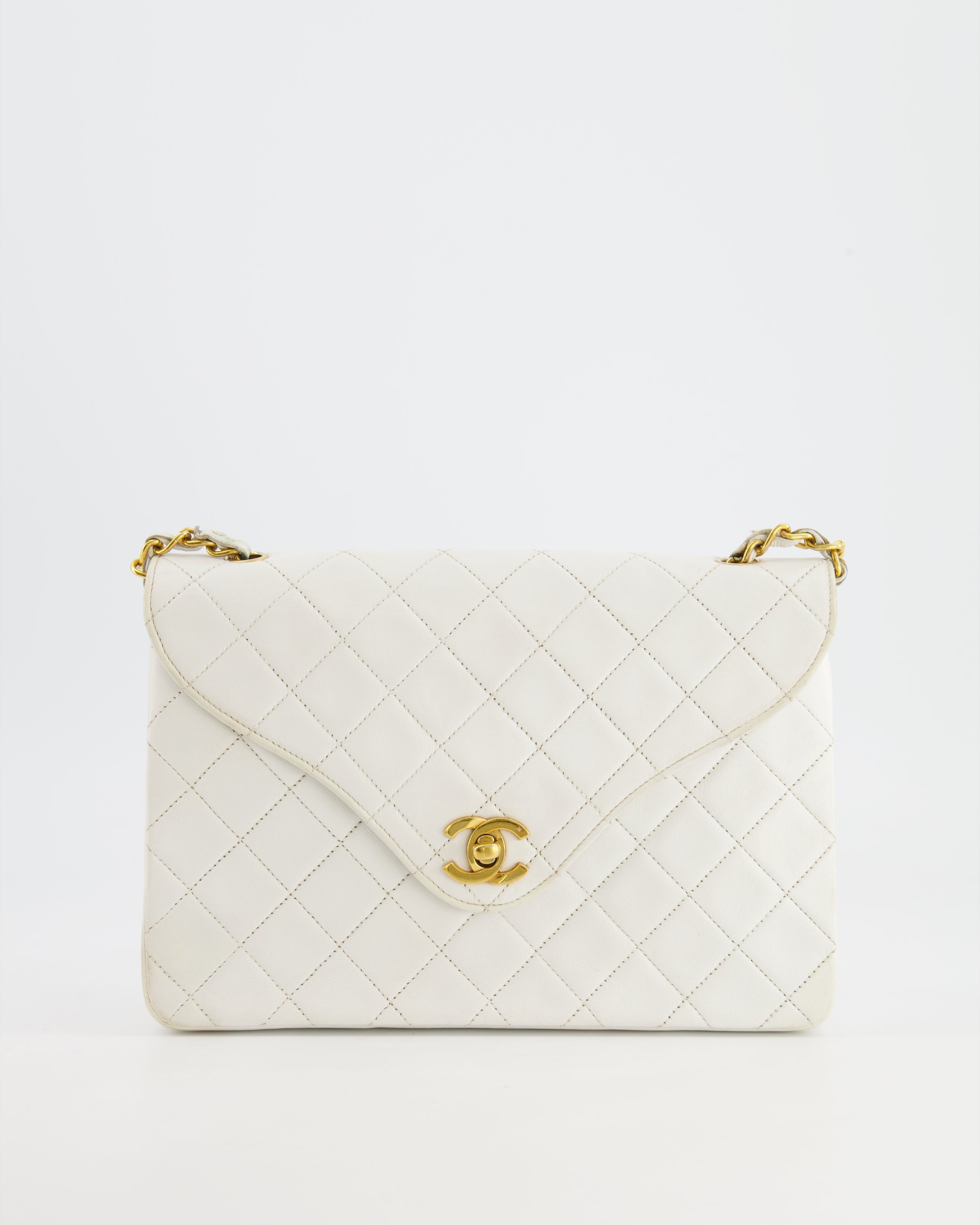 Chanel Vintage White Quilted Lambskin Single Flap Bag with 24k Gold Hardware