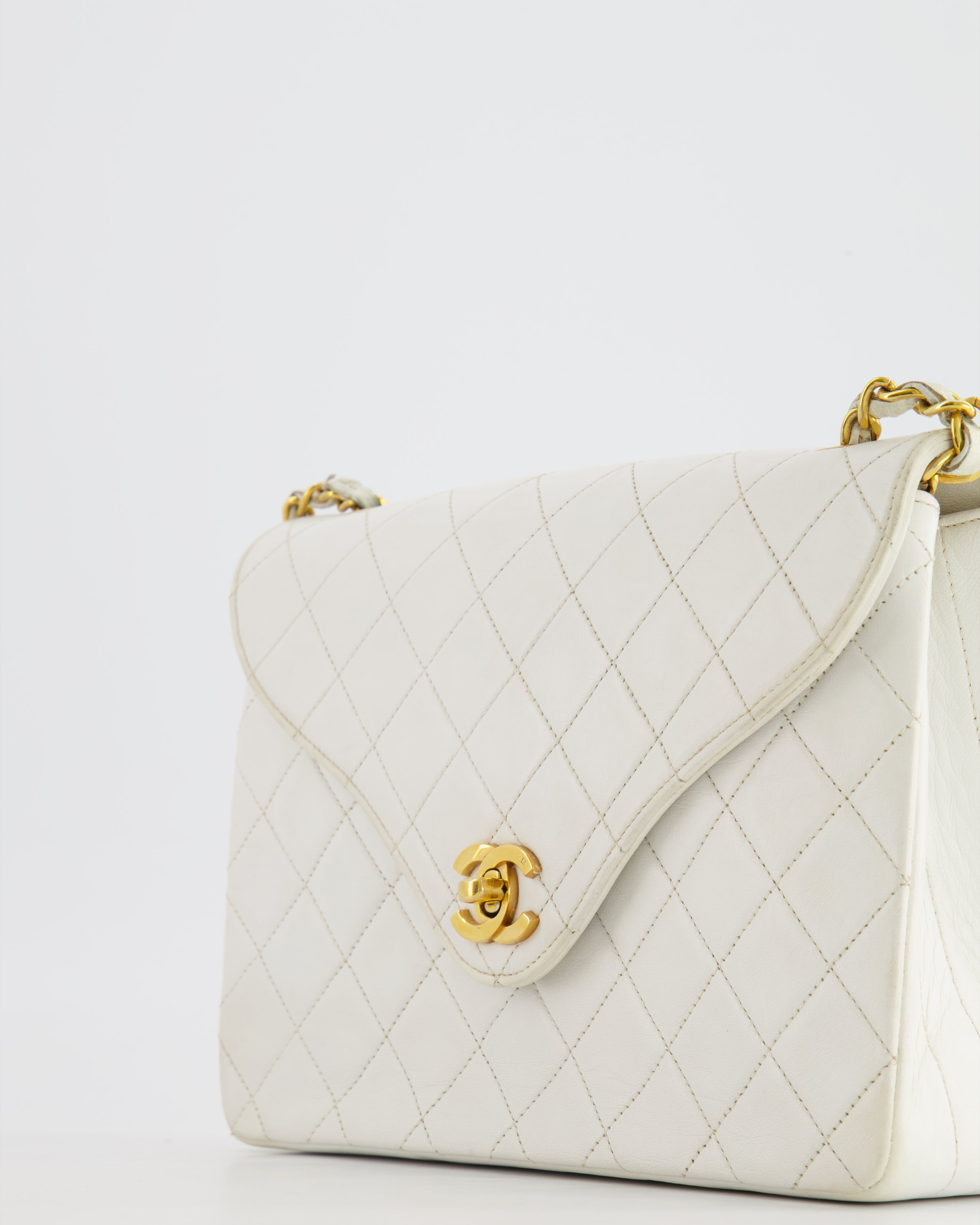 Chanel Vintage White Quilted Lambskin Single Flap Bag with 24k Gold Hardware