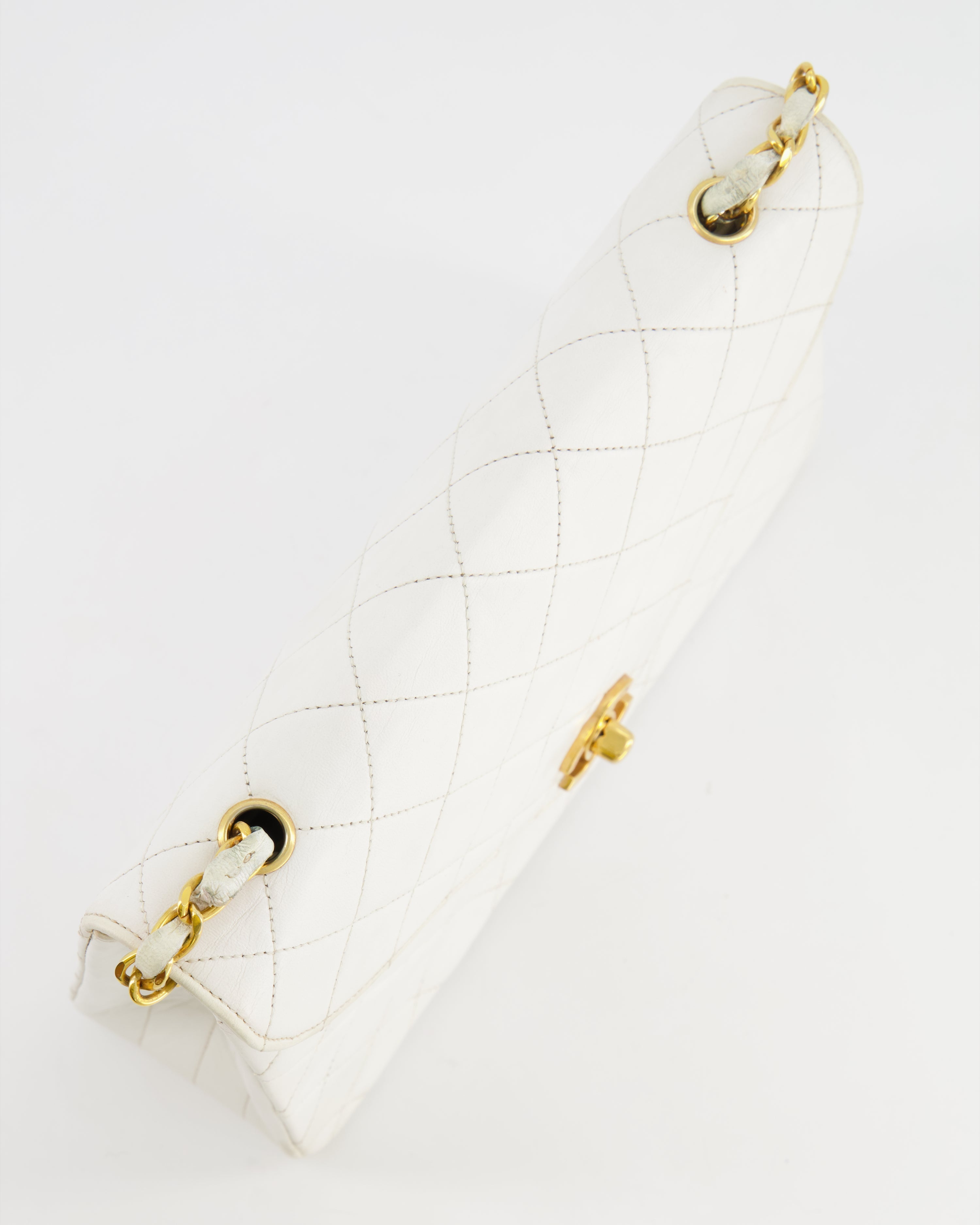 Chanel Vintage White Quilted Lambskin Single Flap Bag with 24k Gold Hardware