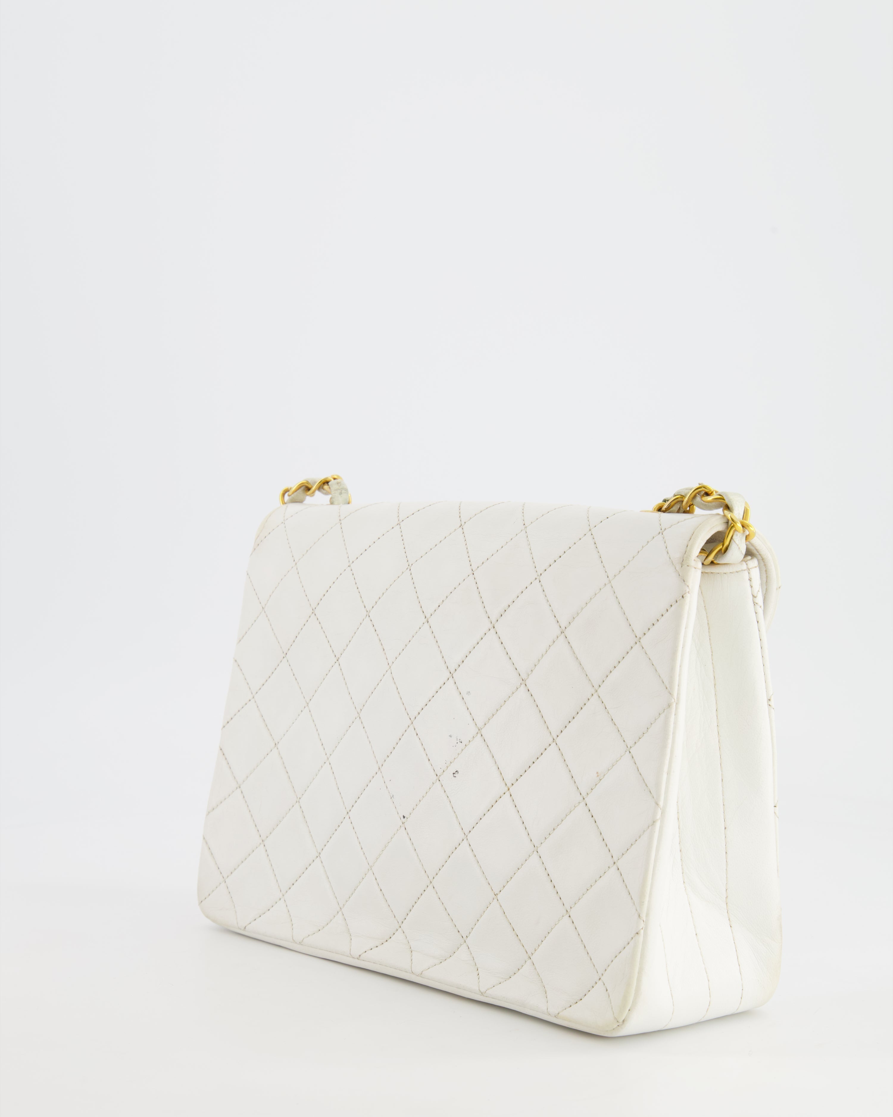 Chanel Vintage White Quilted Lambskin Single Flap Bag with 24k Gold Hardware