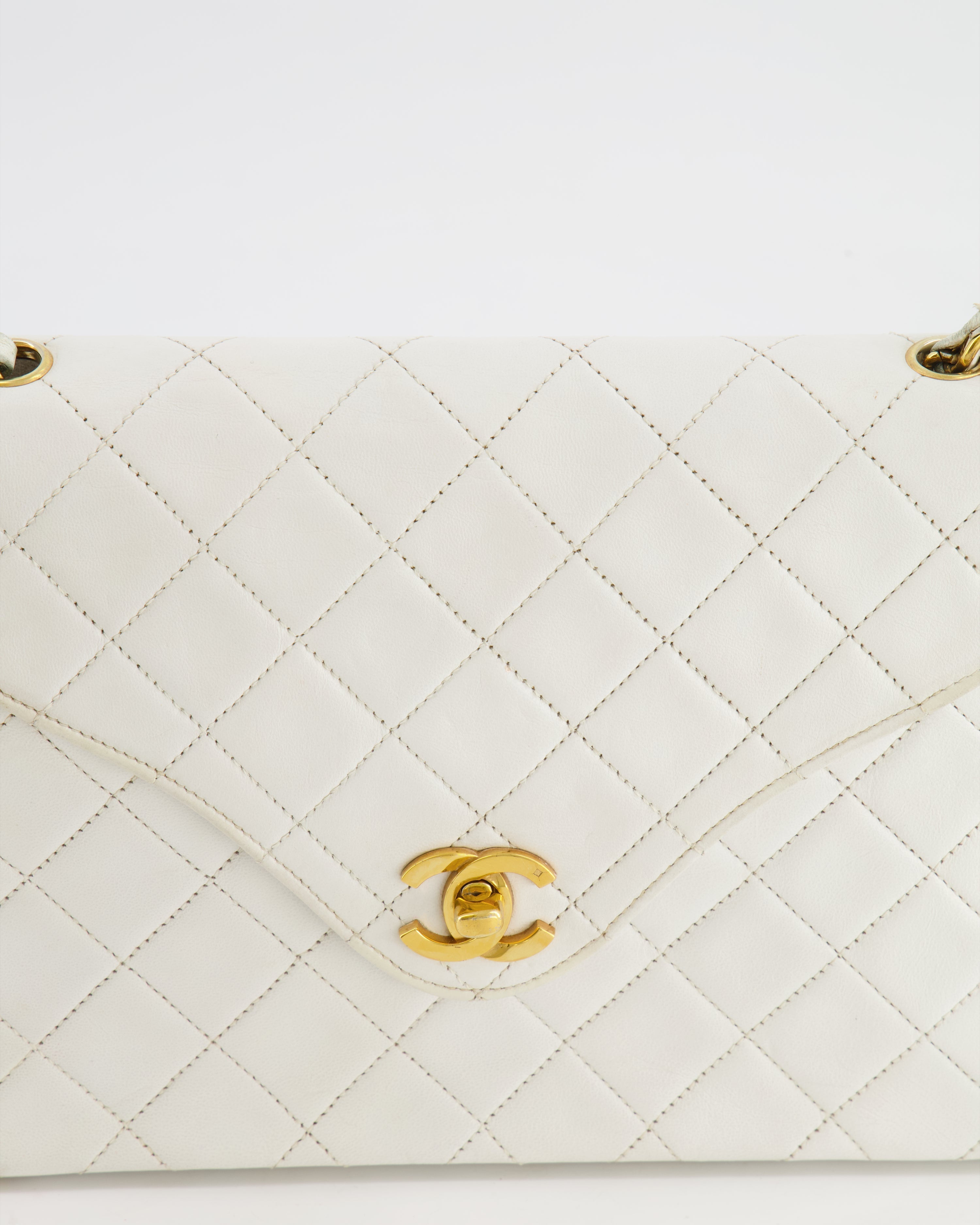 Chanel Vintage White Quilted Lambskin Single Flap Bag with 24k Gold Hardware