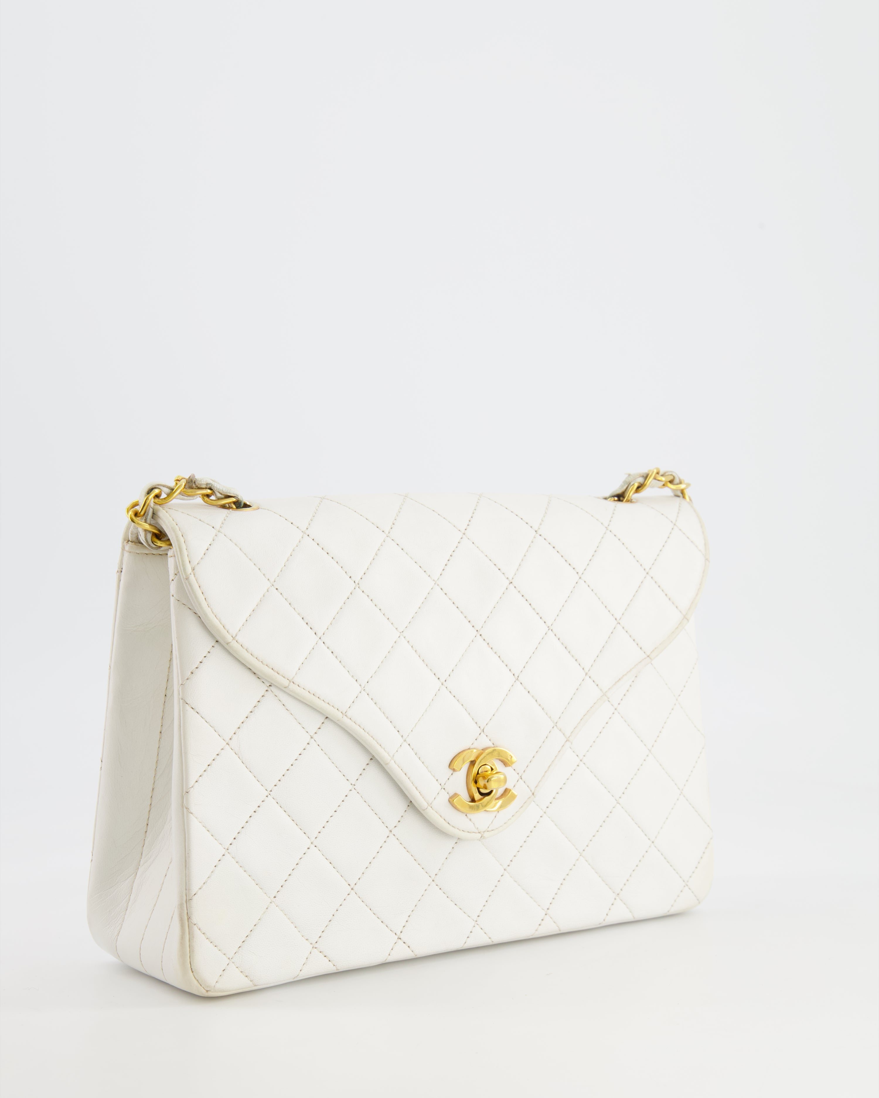 Chanel Vintage White Quilted Lambskin Single Flap Bag with 24k Gold Hardware