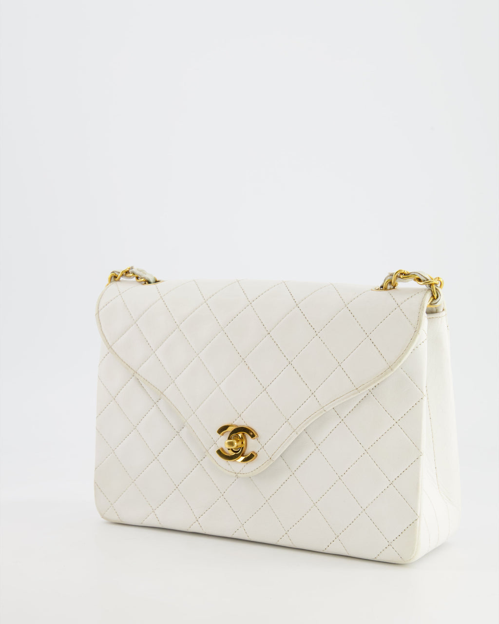 Chanel Vintage White Quilted Lambskin Single Flap Bag with 24k Gold Hardware