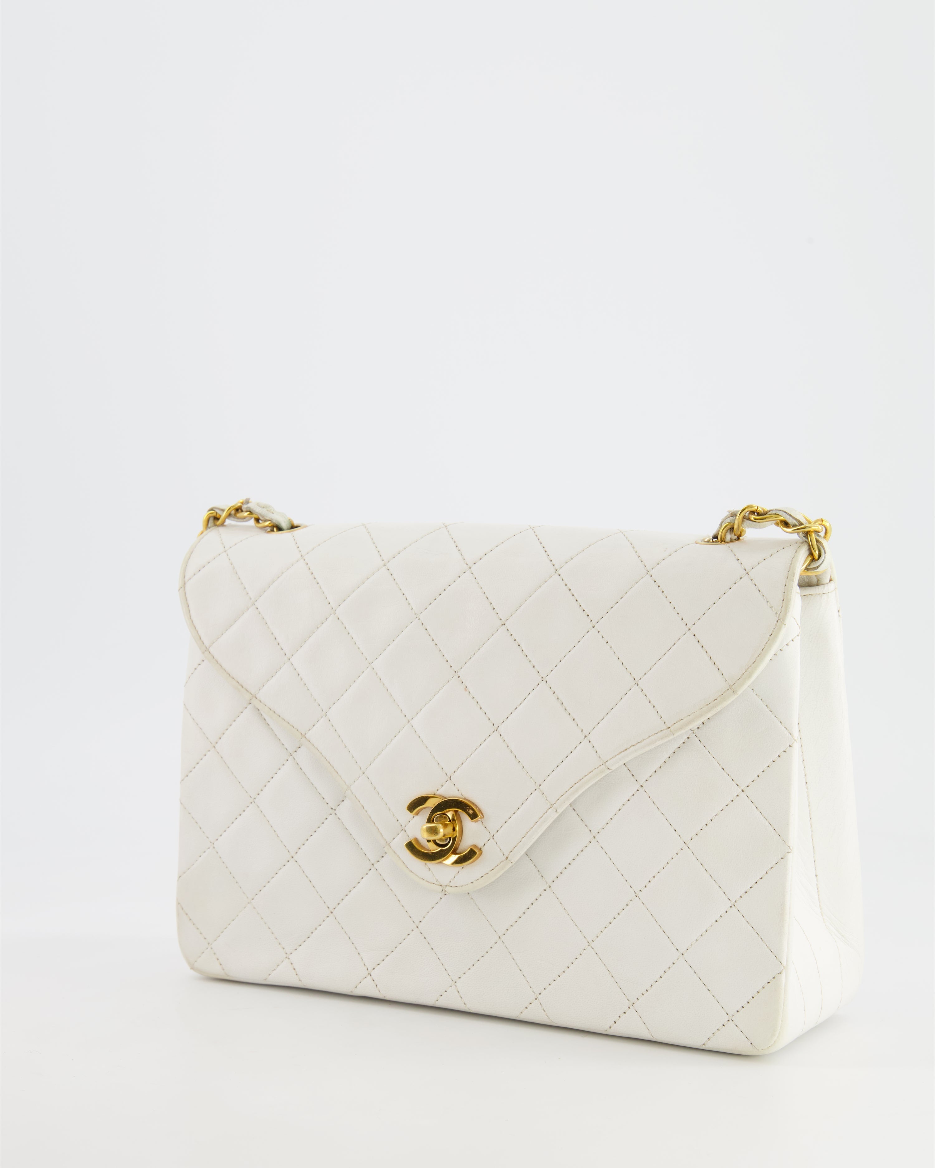 Chanel Vintage White Quilted Lambskin Single Flap Bag with 24k Gold Hardware