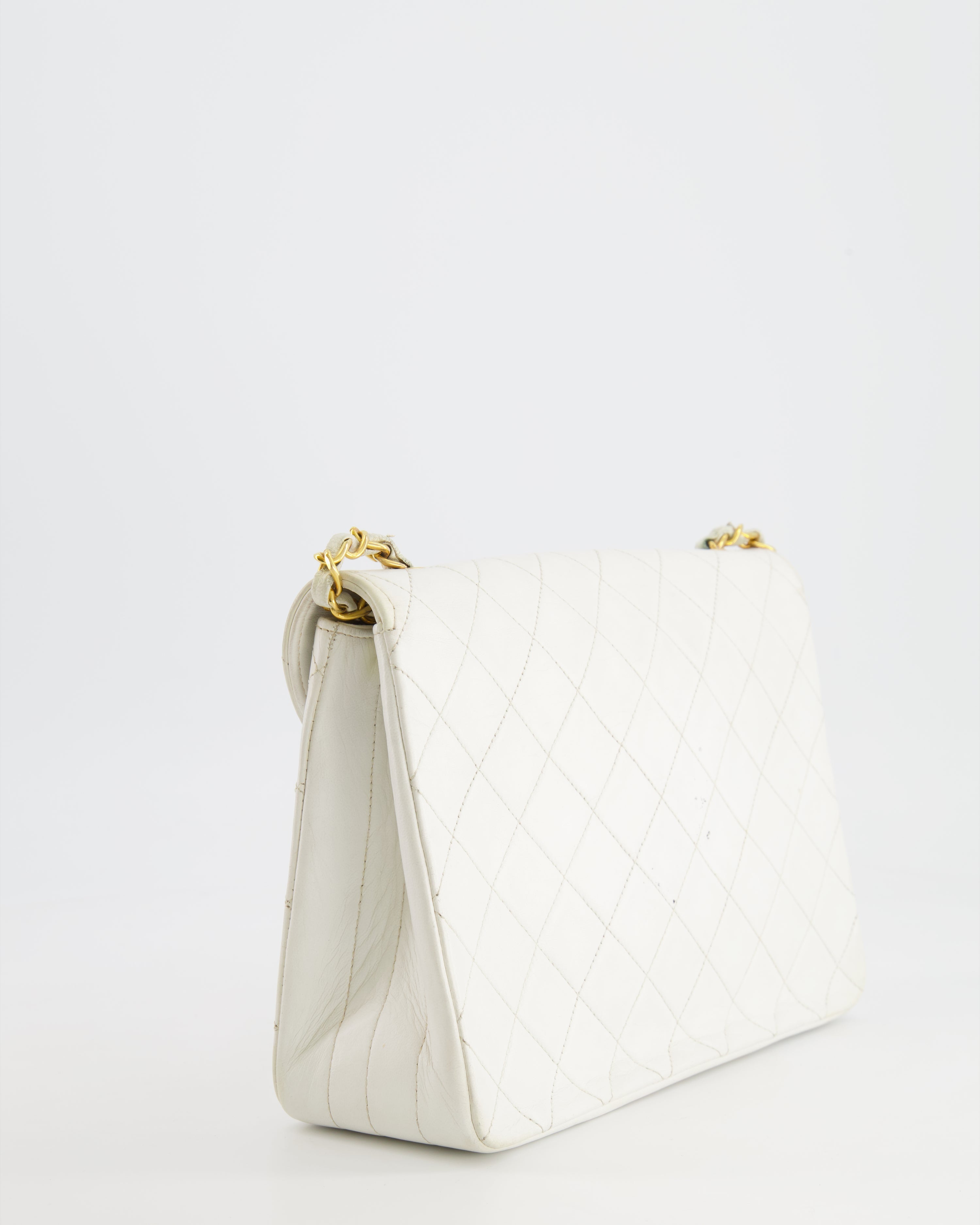 Chanel Vintage White Quilted Lambskin Single Flap Bag with 24k Gold Hardware