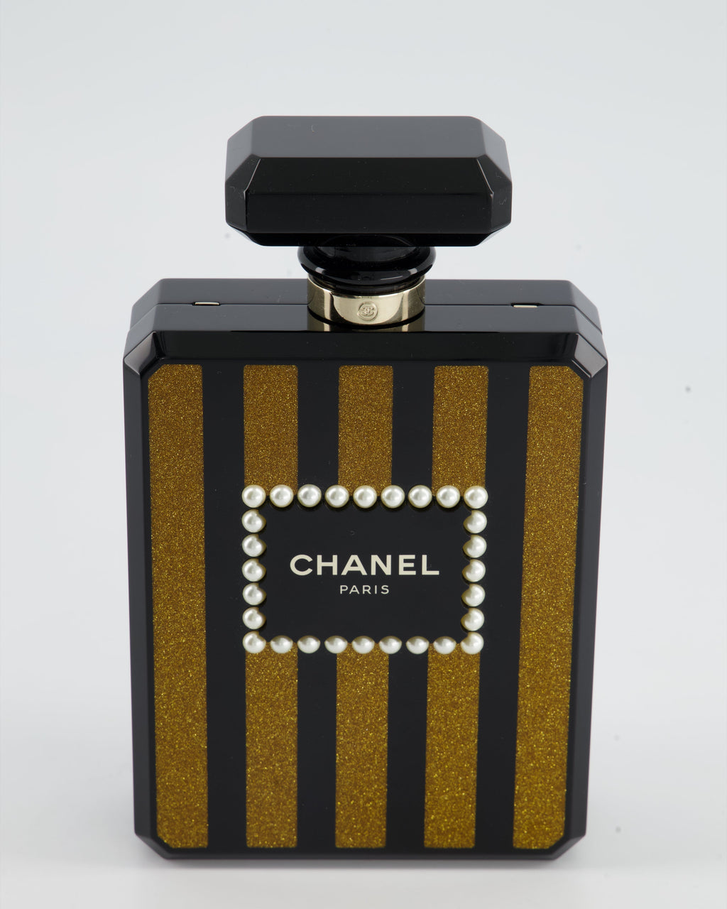 *COLLECTORS* Chanel Black and Glittered Gold Glittered Plexiglass Perfume Bottle with Pearl Detail