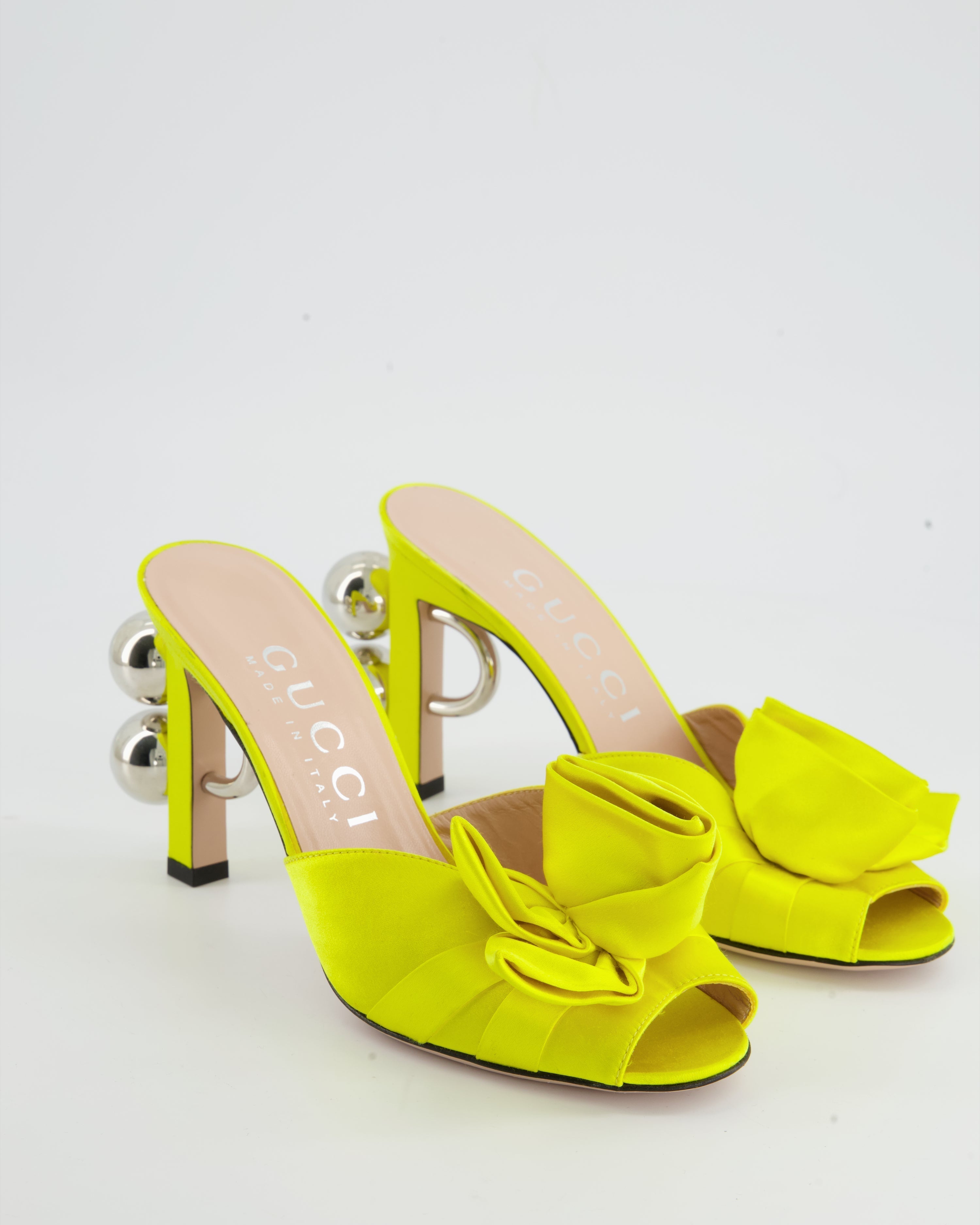 Gucci Neon Yellow Satin Rose Mules with GG Detailing Size EU 37.5