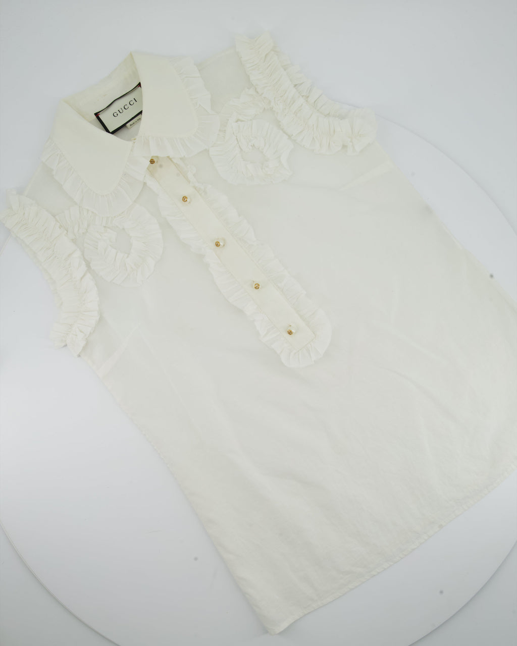 Gucci White Ruched Short Sleeve Blouse with Pearl GG Detailing IT 38 (UK 6)