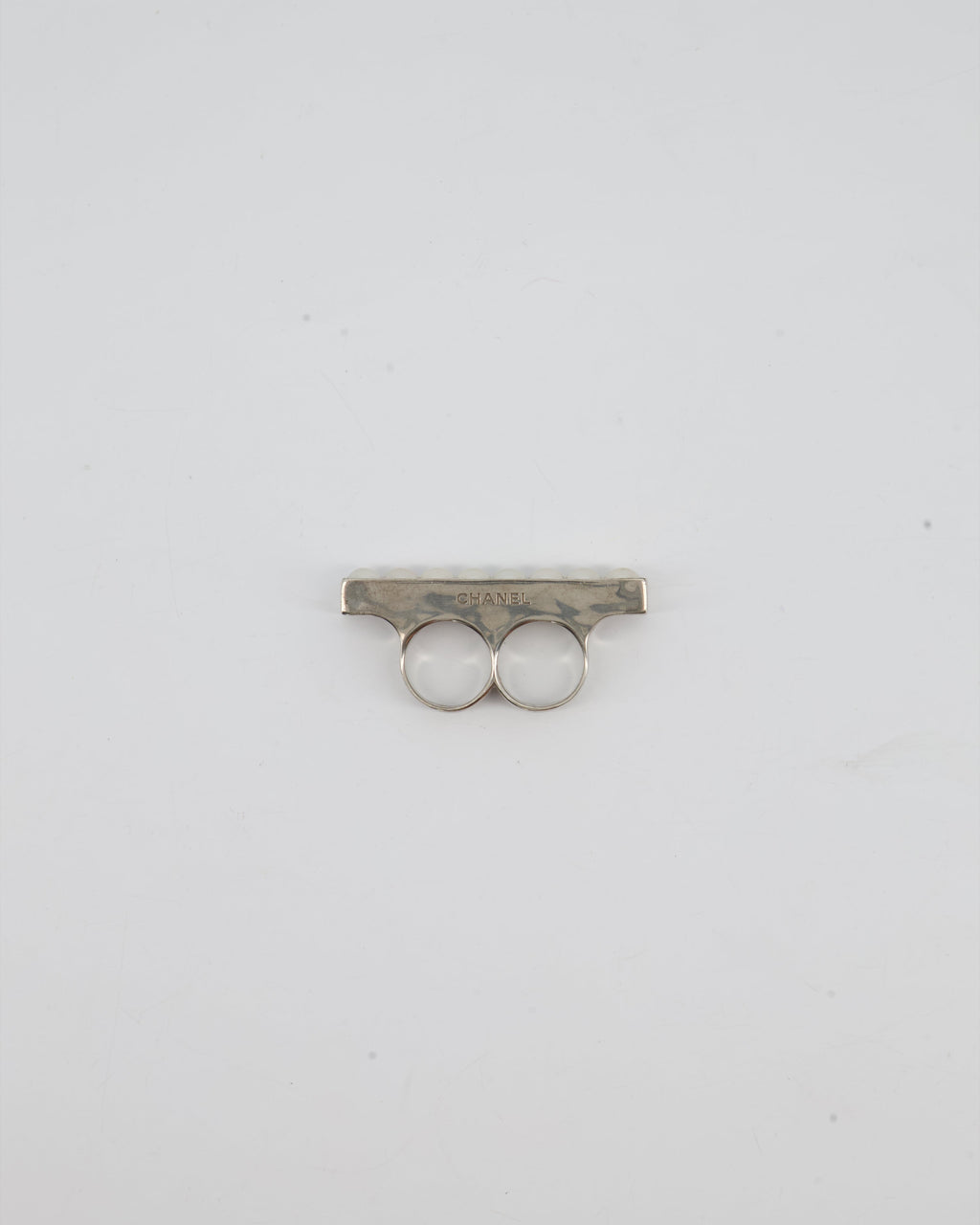 Chanel Double Pearl Ring with Silver Hardware