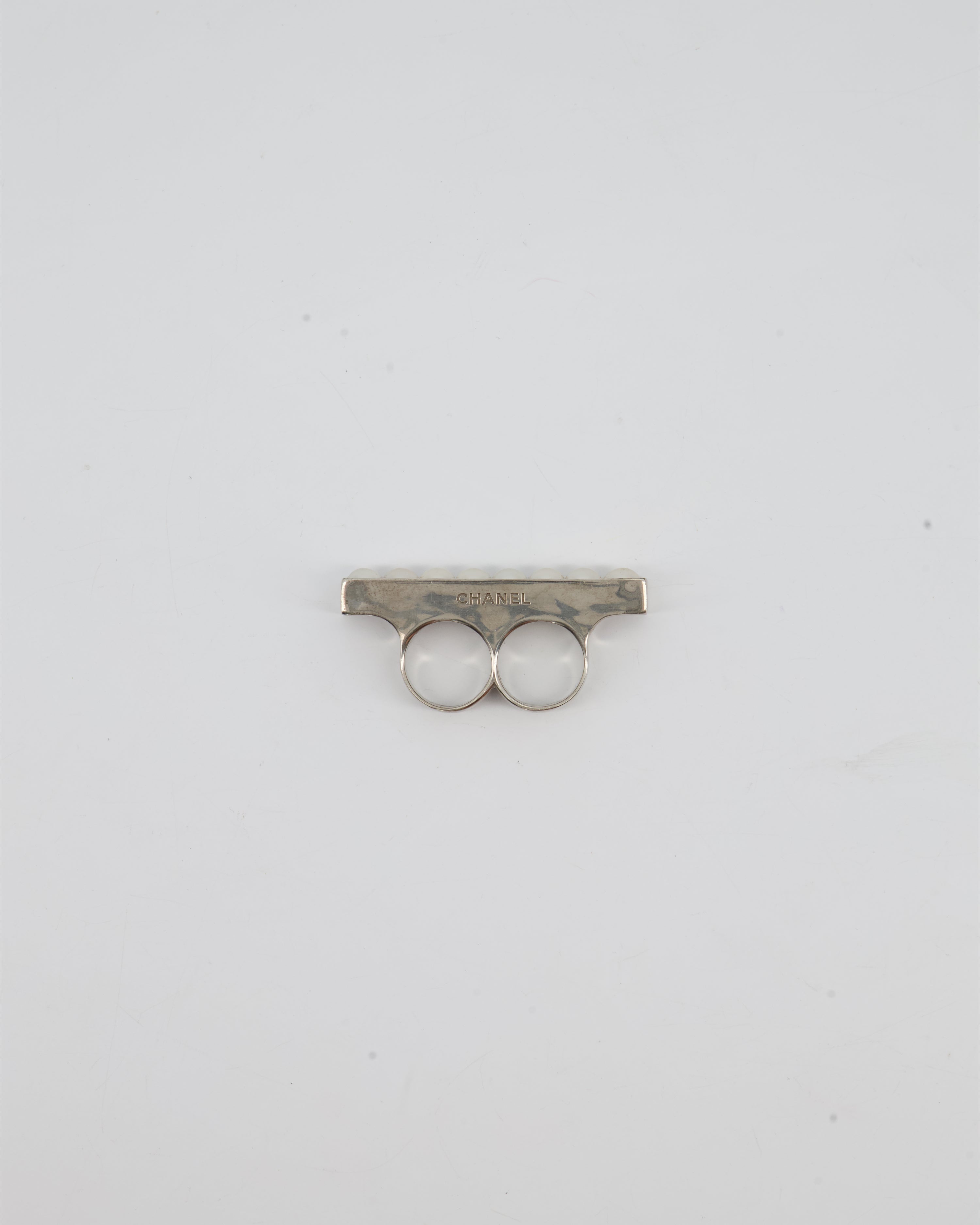 Chanel Double Pearl Ring with Silver Hardware