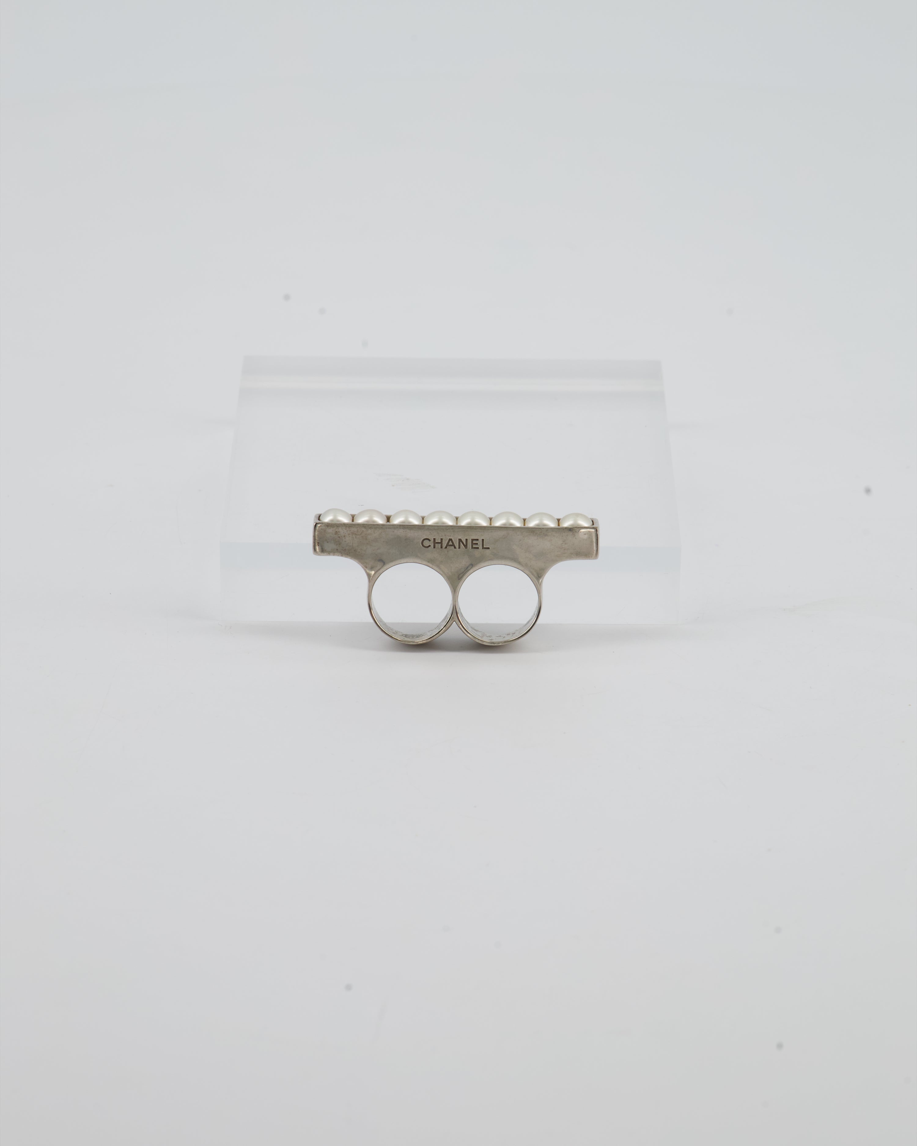 Chanel Double Pearl Ring with Silver Hardware