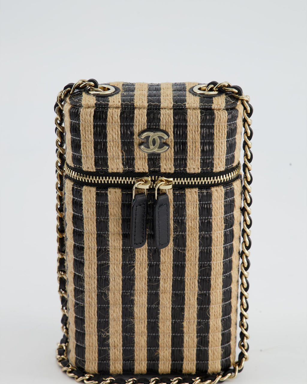Chanel Raffia Vanity 21P Beige and Black Cross-Body Bag with Champagne Gold Hardware